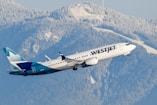 A large passenger jet flying over a mountain range
