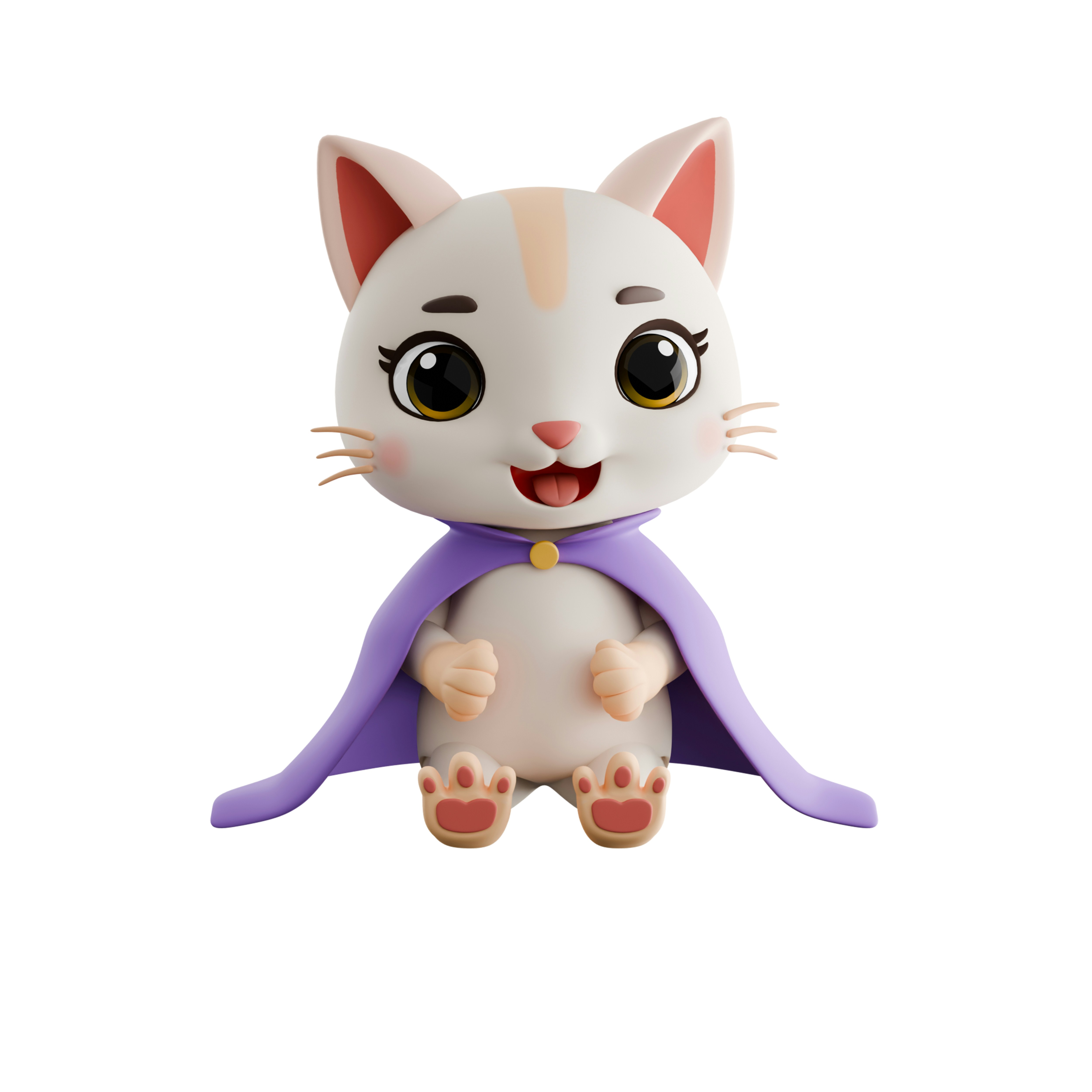 Un petit chat jouet avec une cape violette