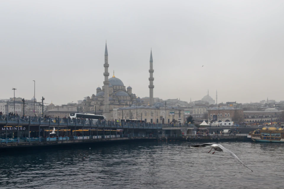 Serene scene at Bosphorus Strait with Blue Mosque and boats moored along water's edge