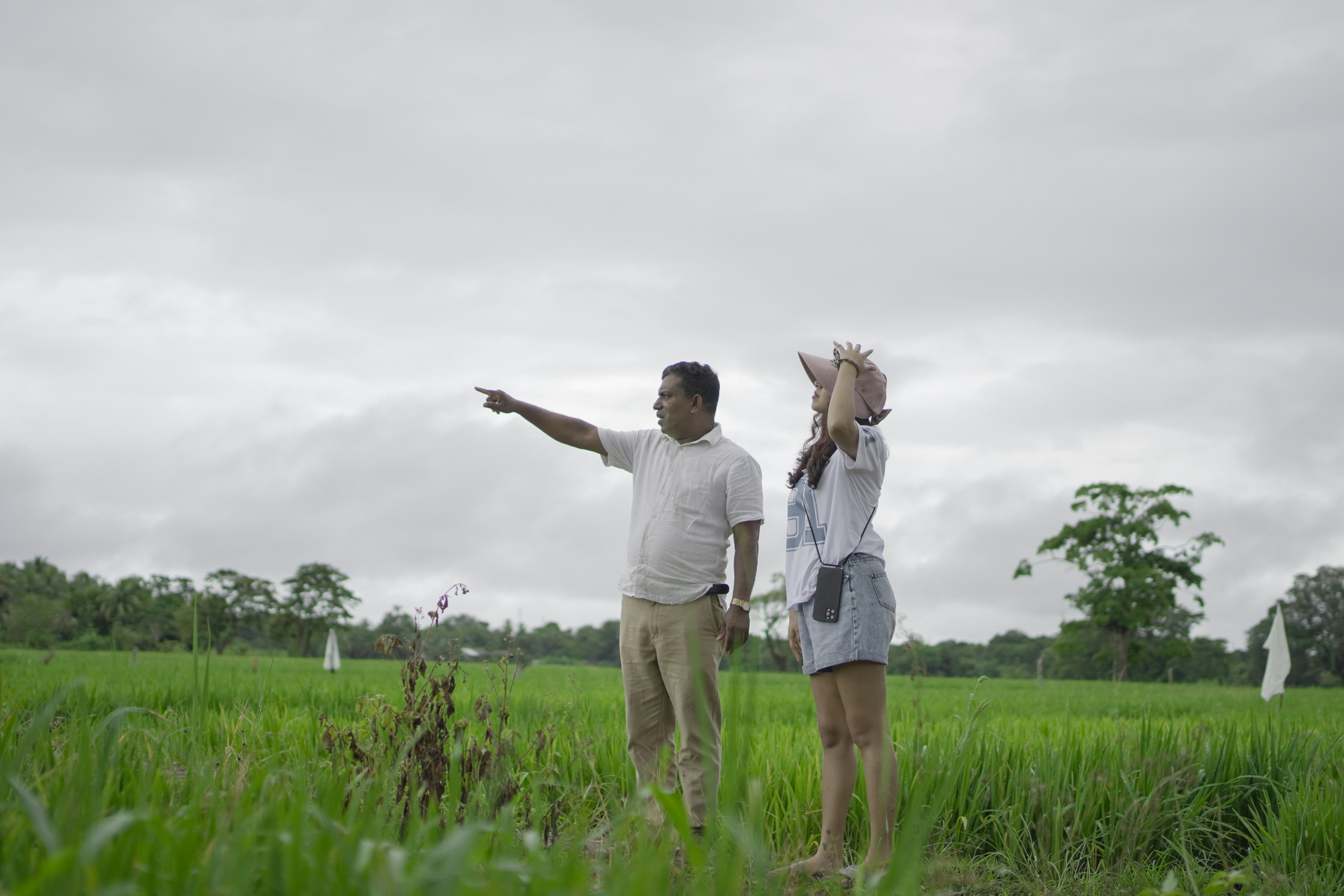 A man and a woman standing in a field