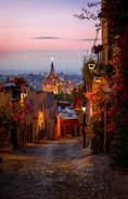 A narrow street with a view of a city in the distance
