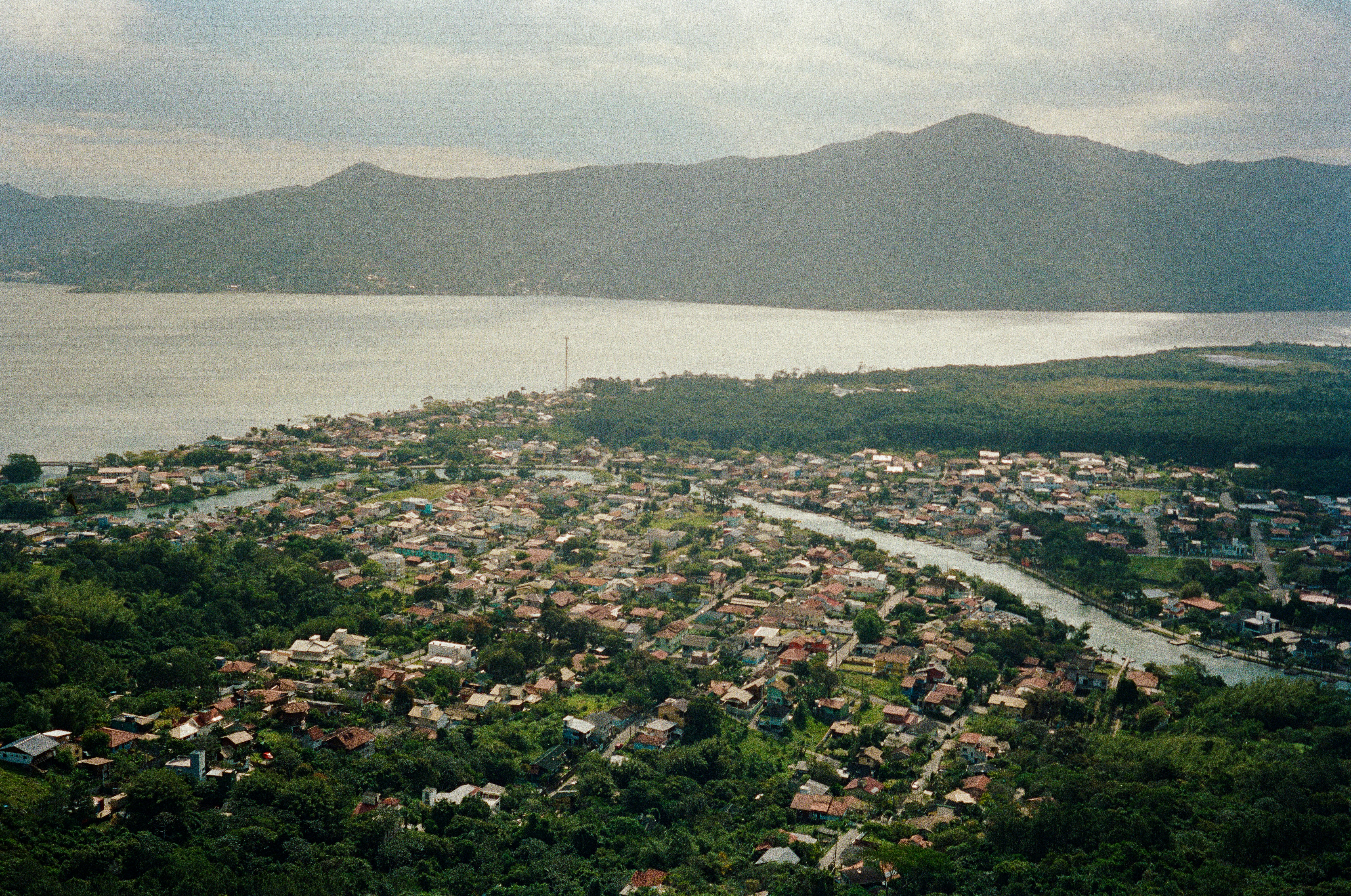 An aerial view of a city and a river