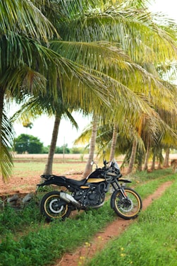 A motorcycle parked on the side of a dirt road