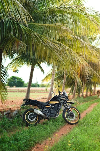 A motorcycle parked on the side of a dirt road
