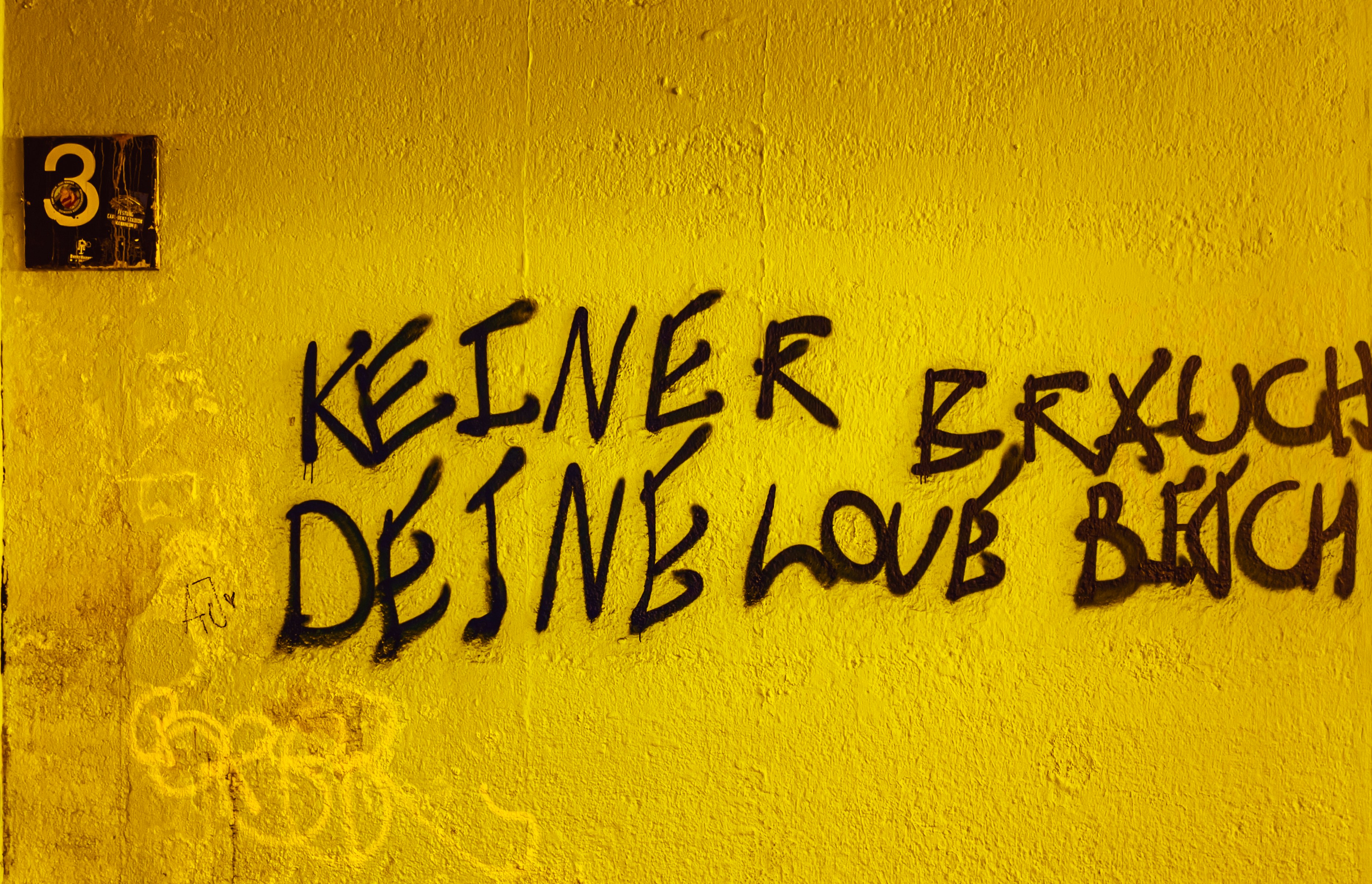 Graffiti an einer gelben Wand mit der Aufschrift "Keiner bruxch deine laub"