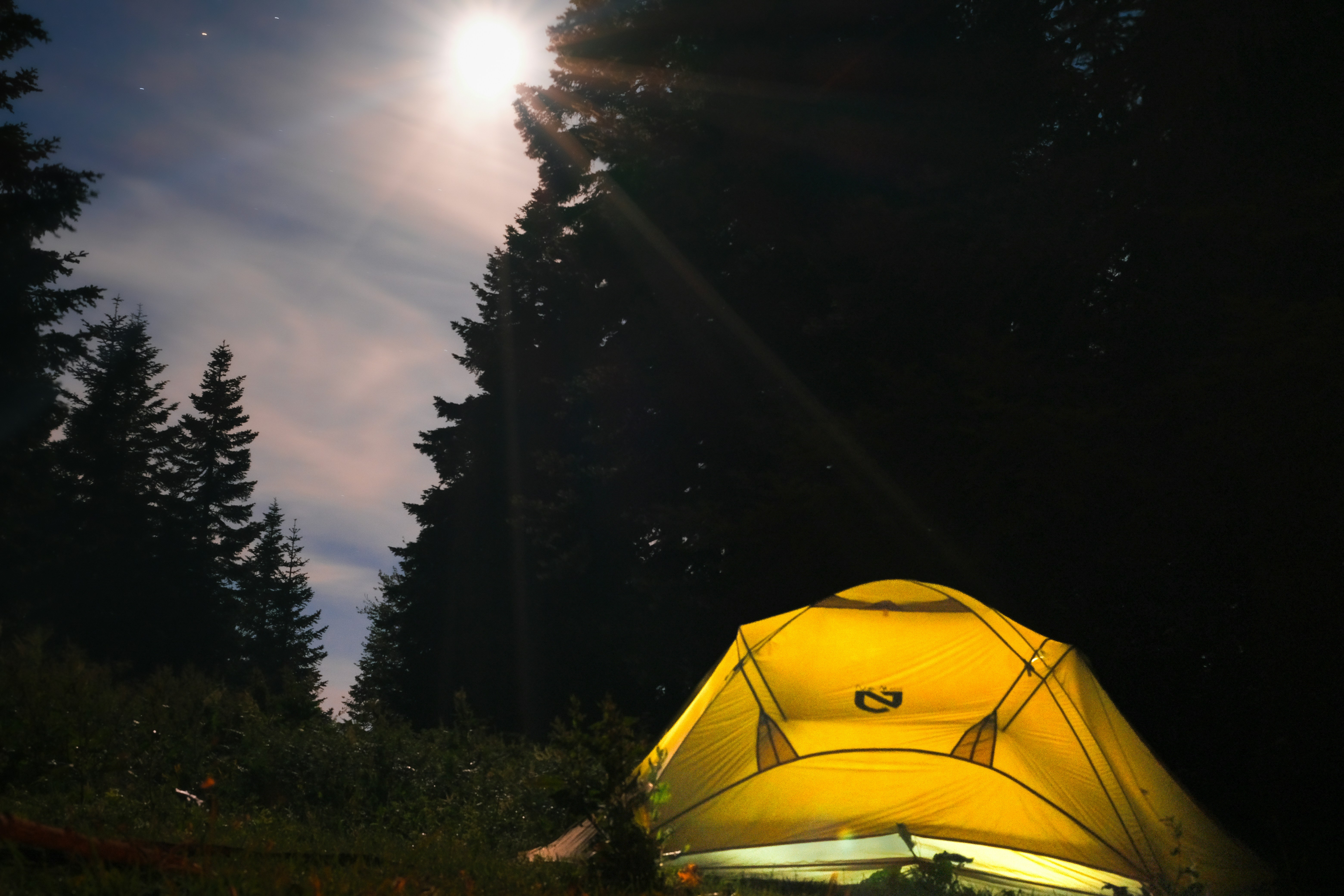 A yellow tent sitting on top of a lush green field