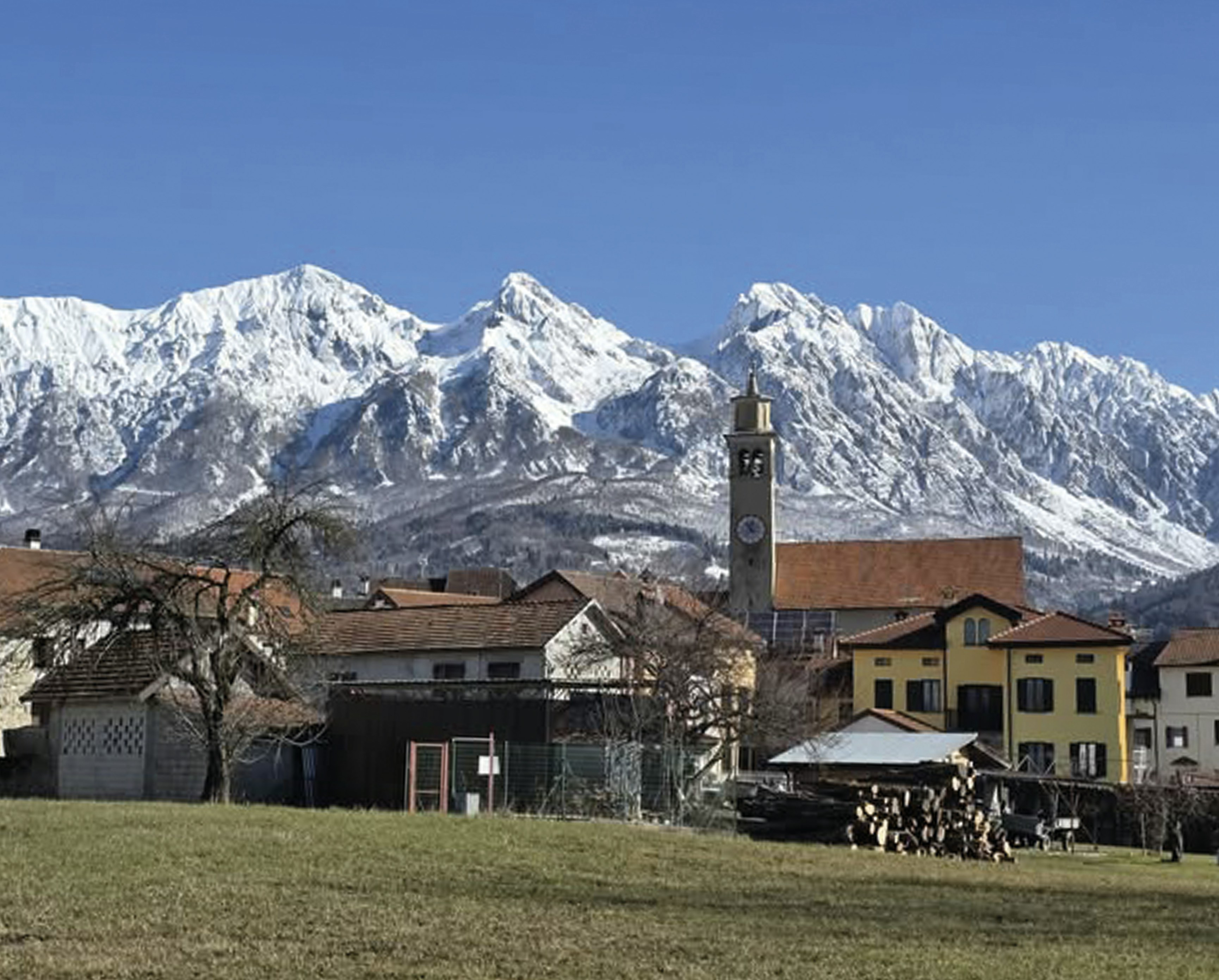 A view of a town with a mountain in the background
