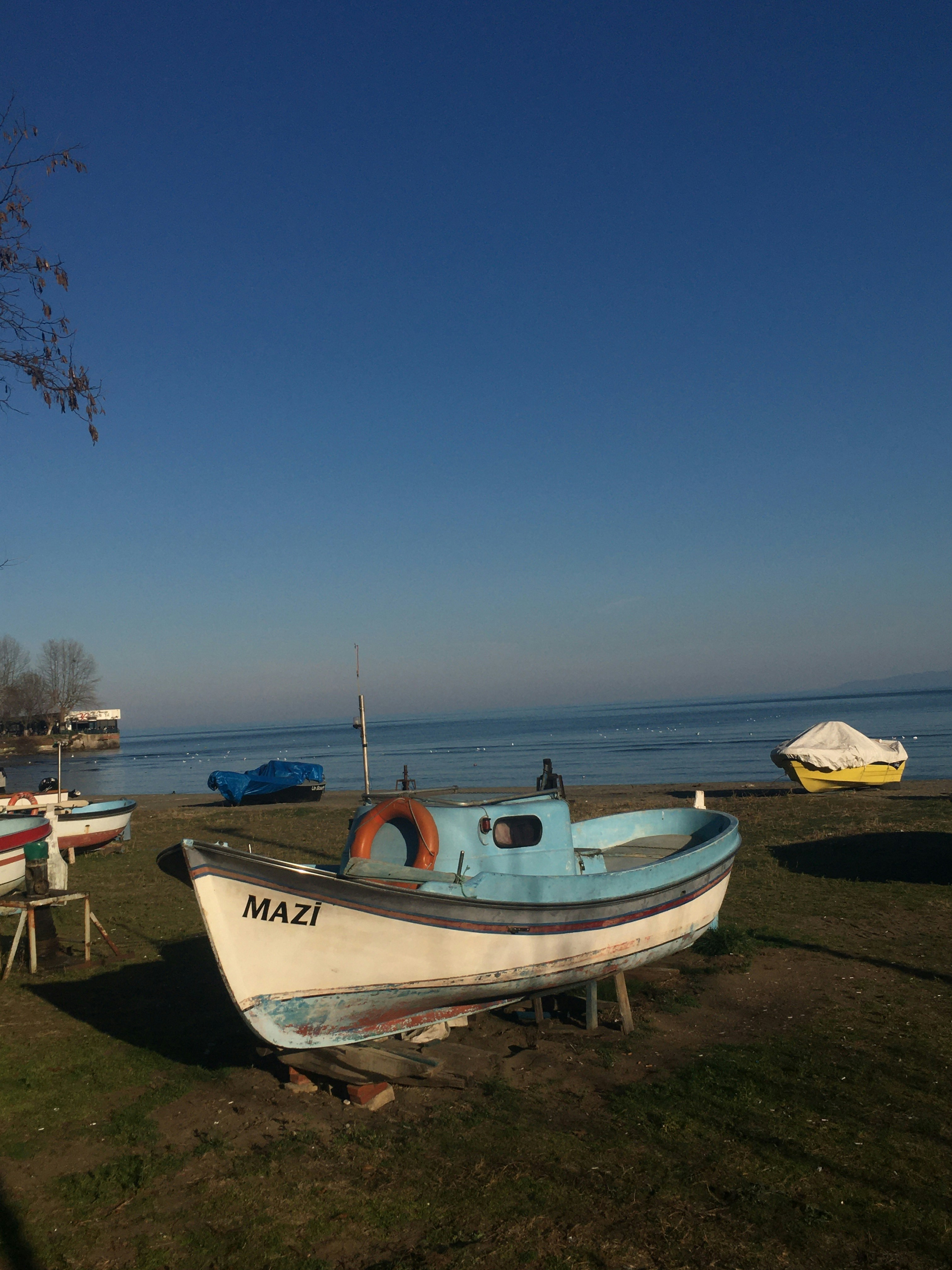 A row of boats sitting on top of a grass covered field