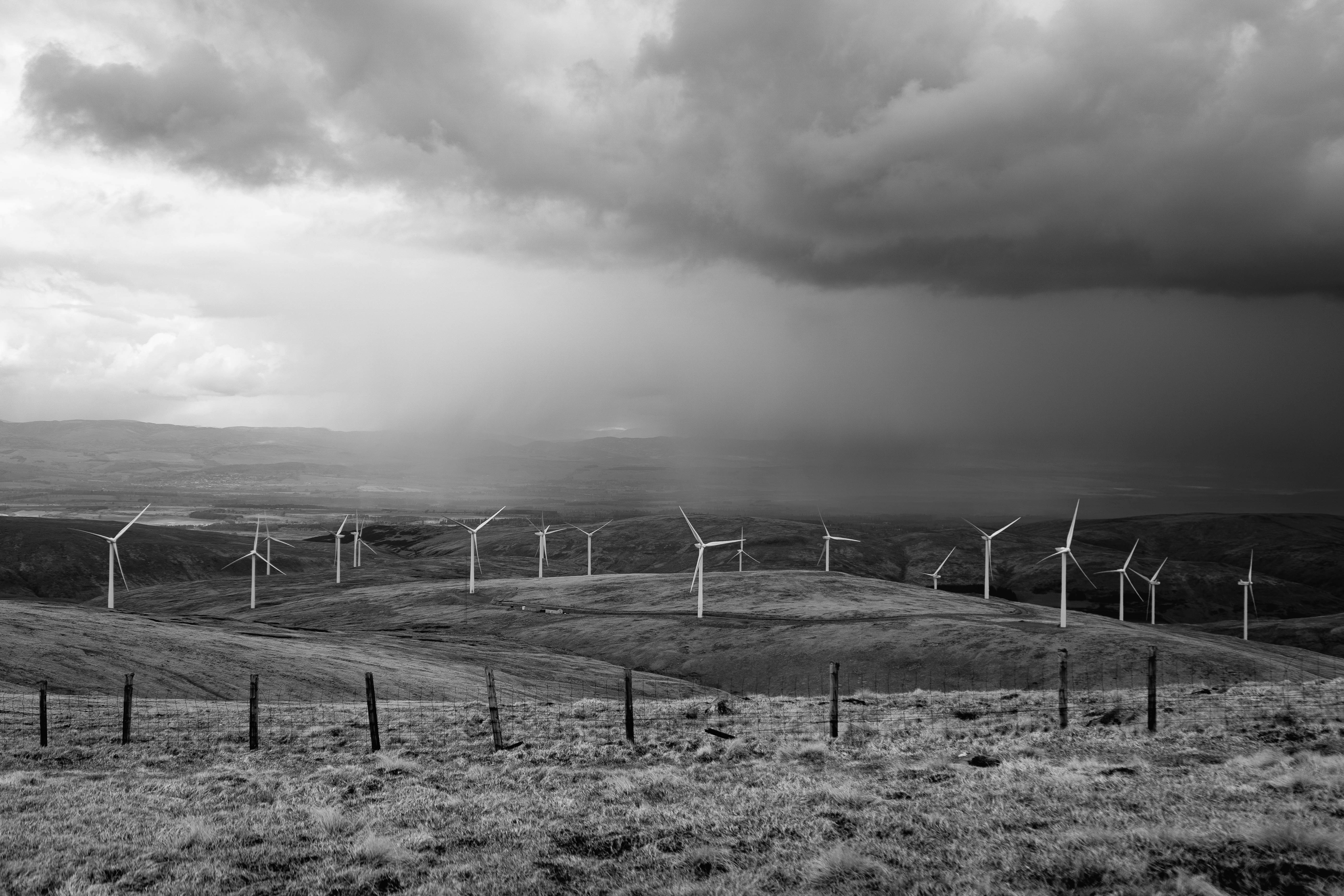 Wind turbines in a field