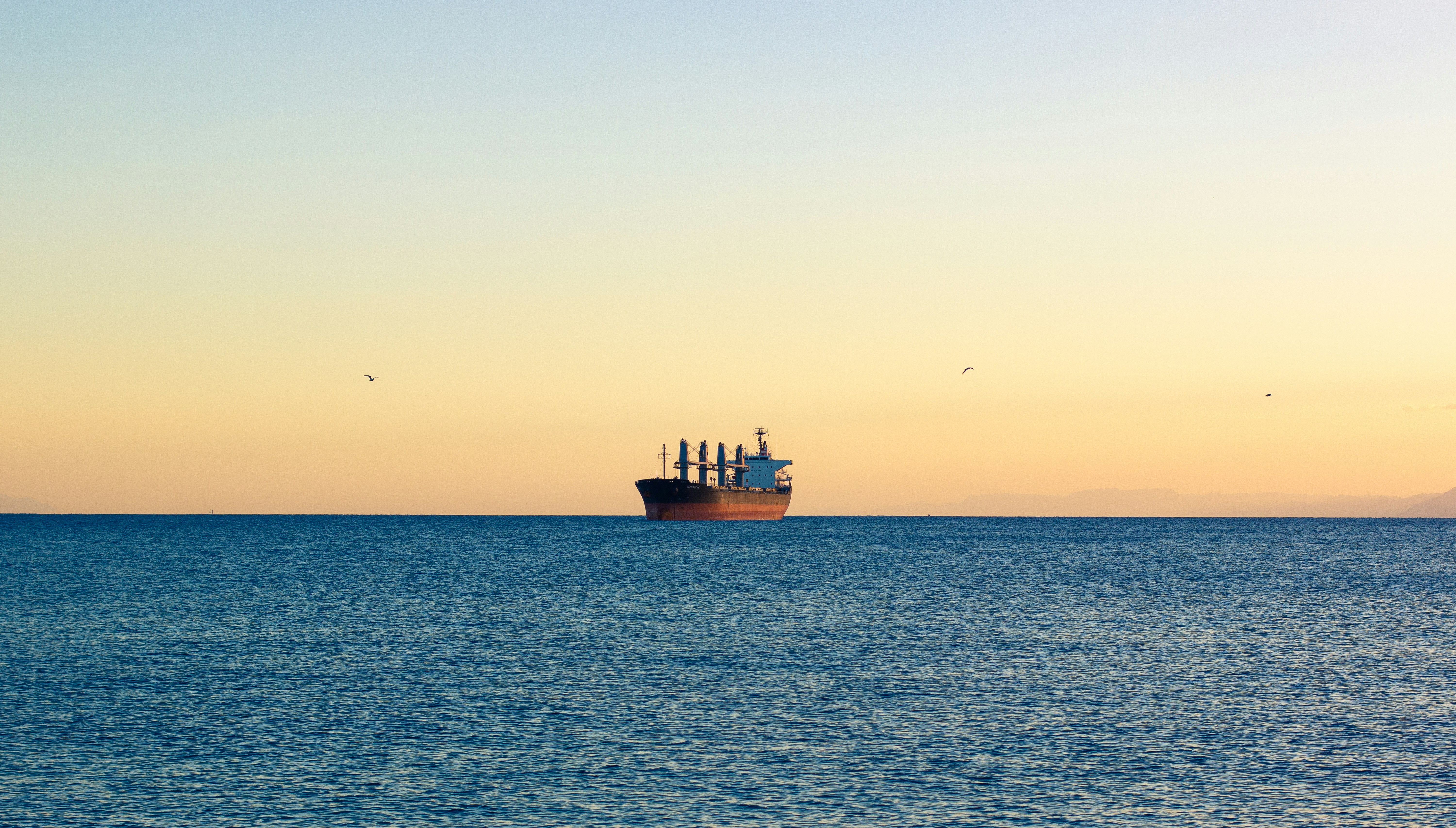 A large cargo ship sailing across a large body of water