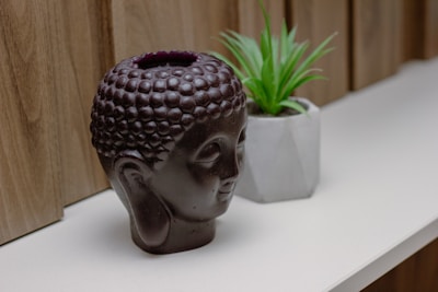 A white shelf topped with a potted plant and a statue head