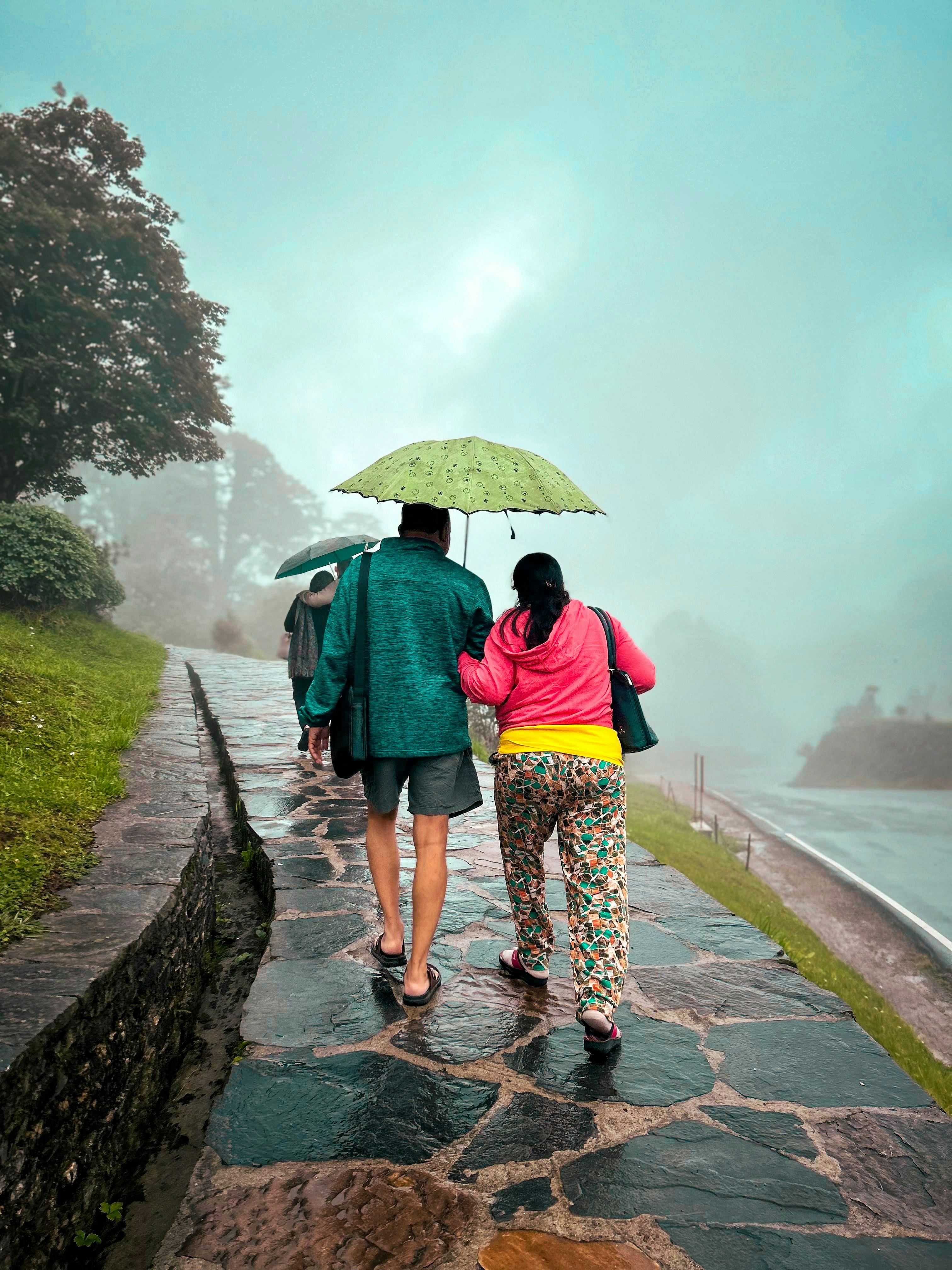 A couple of people walking down a rain soaked road