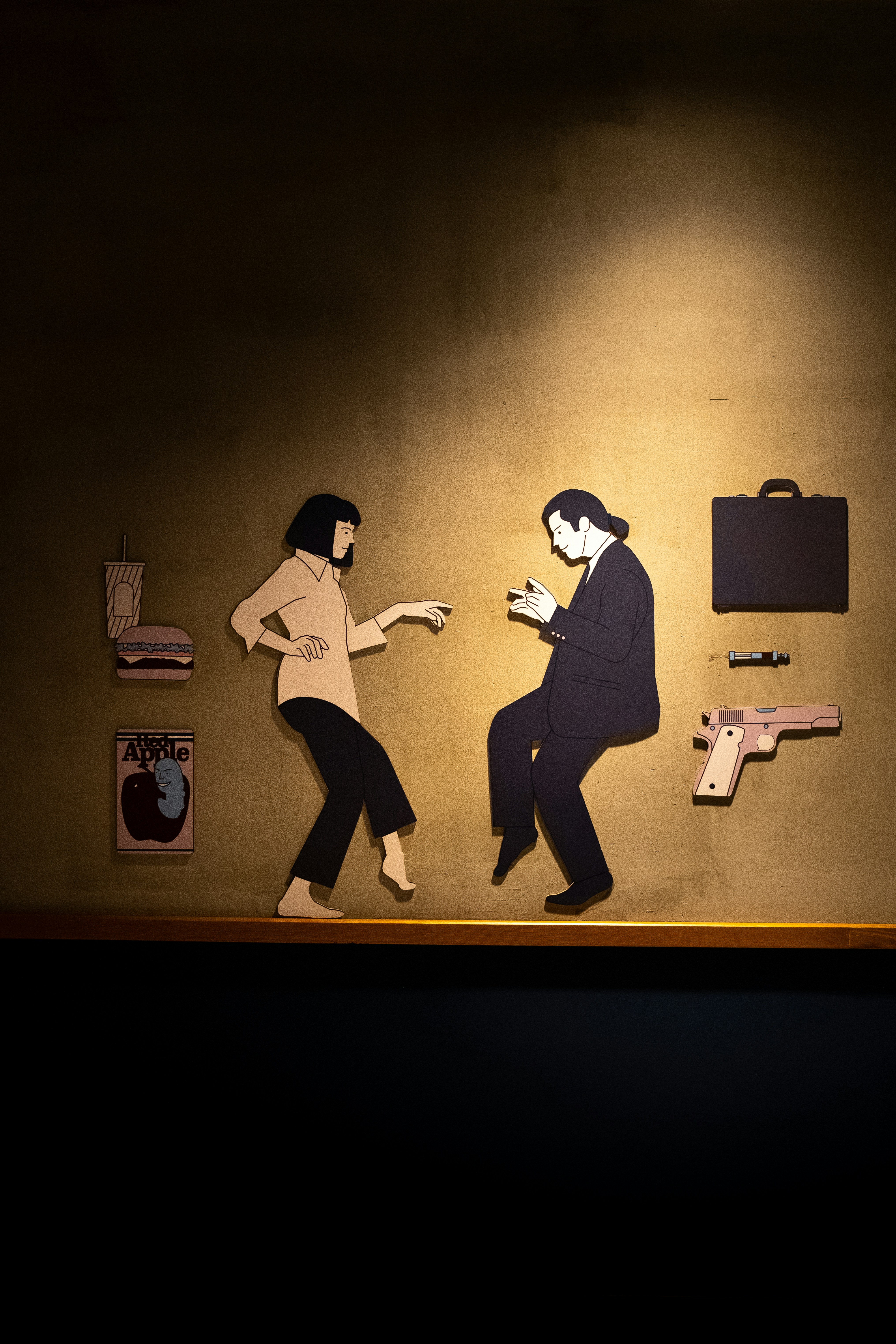 Illustration of a man in a suit and a woman gesturing, surrounded by symbols of manipulation like a gun, a briefcase, and a burger, representing tactics used in scams.