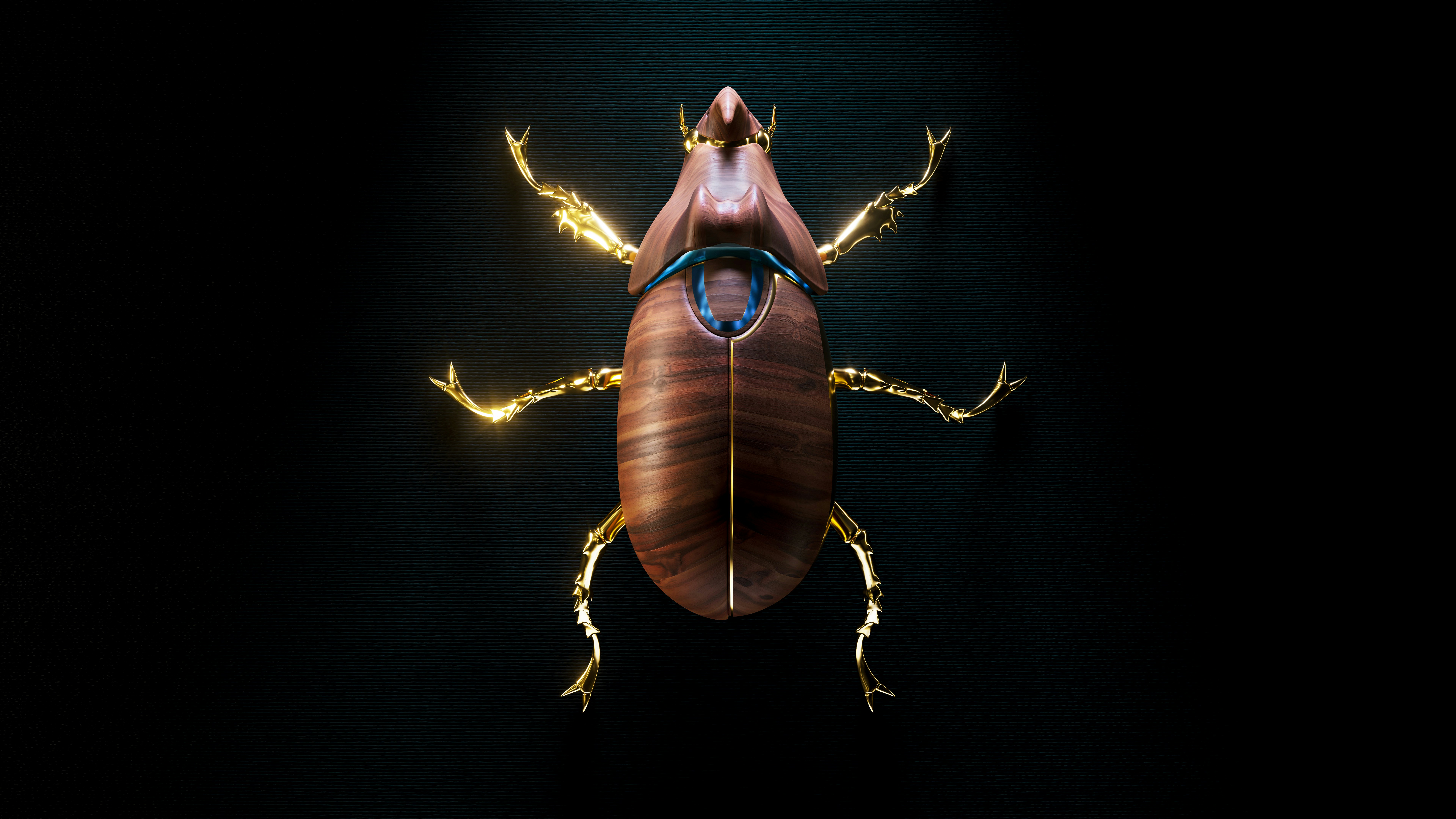 A luxurious wooden and gold beetle sculpture that combines natural textures with metallic elegance, creating a striking modern art piece