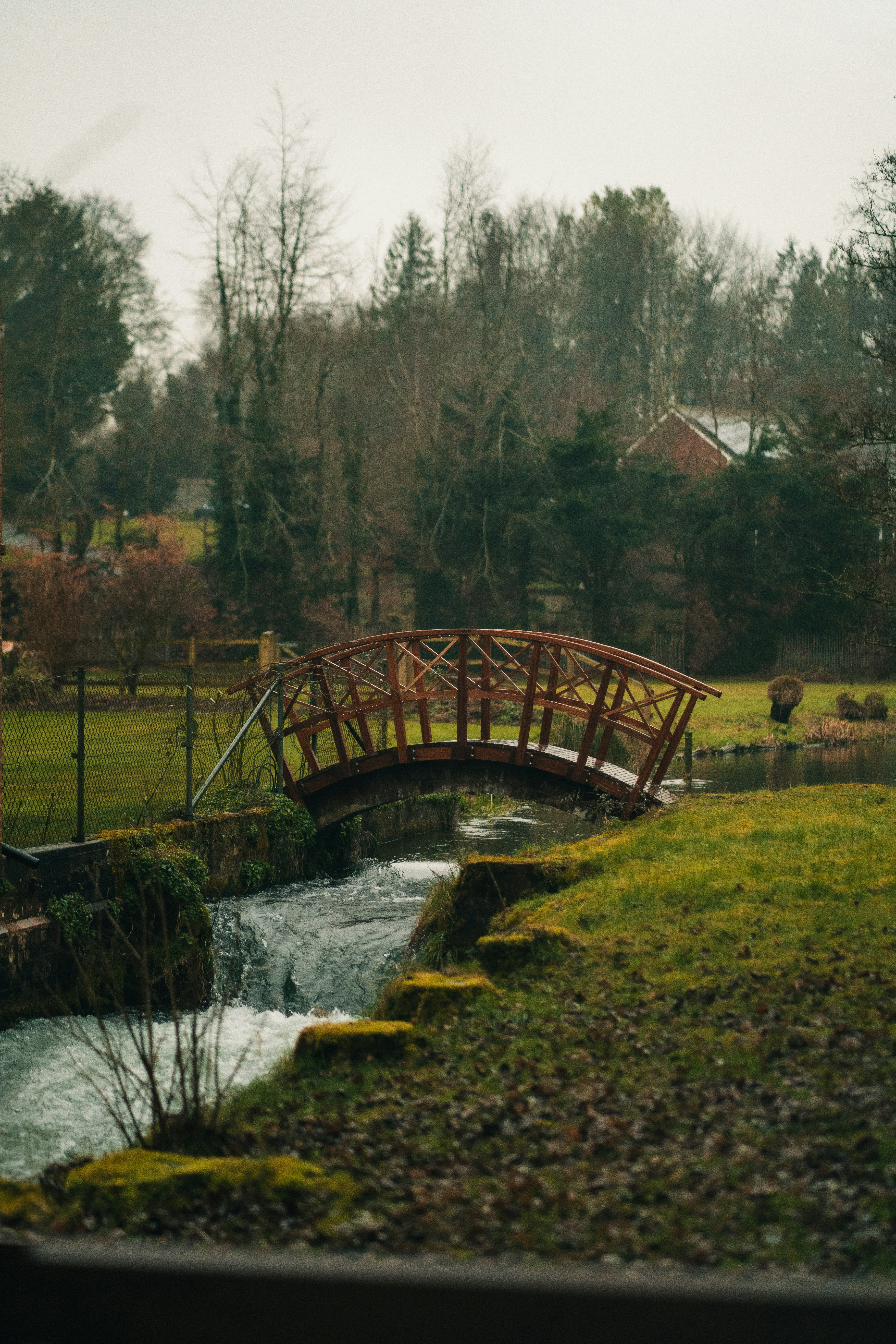Un puente de madera sobre un arroyo en un campo
