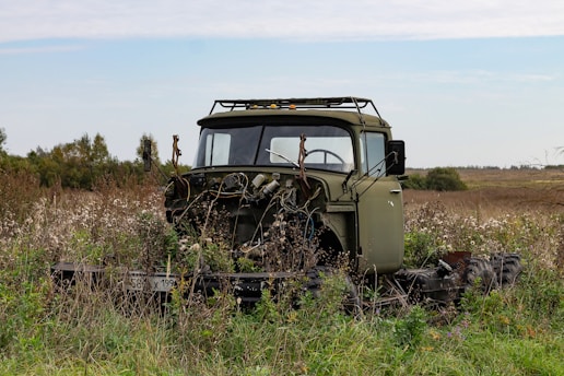 An old truck sitting in a field of tall grass