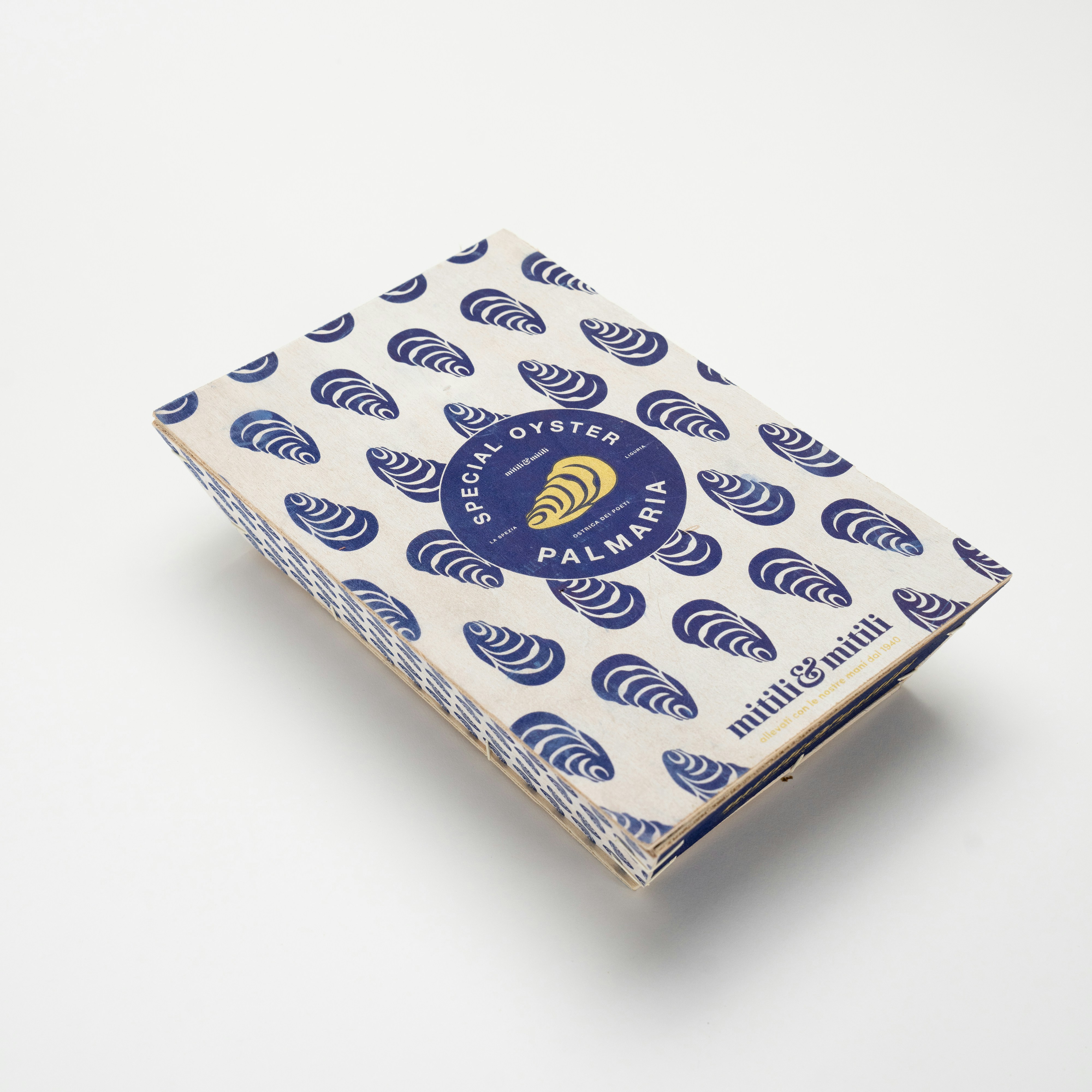 A blue and white box with a pattern on it