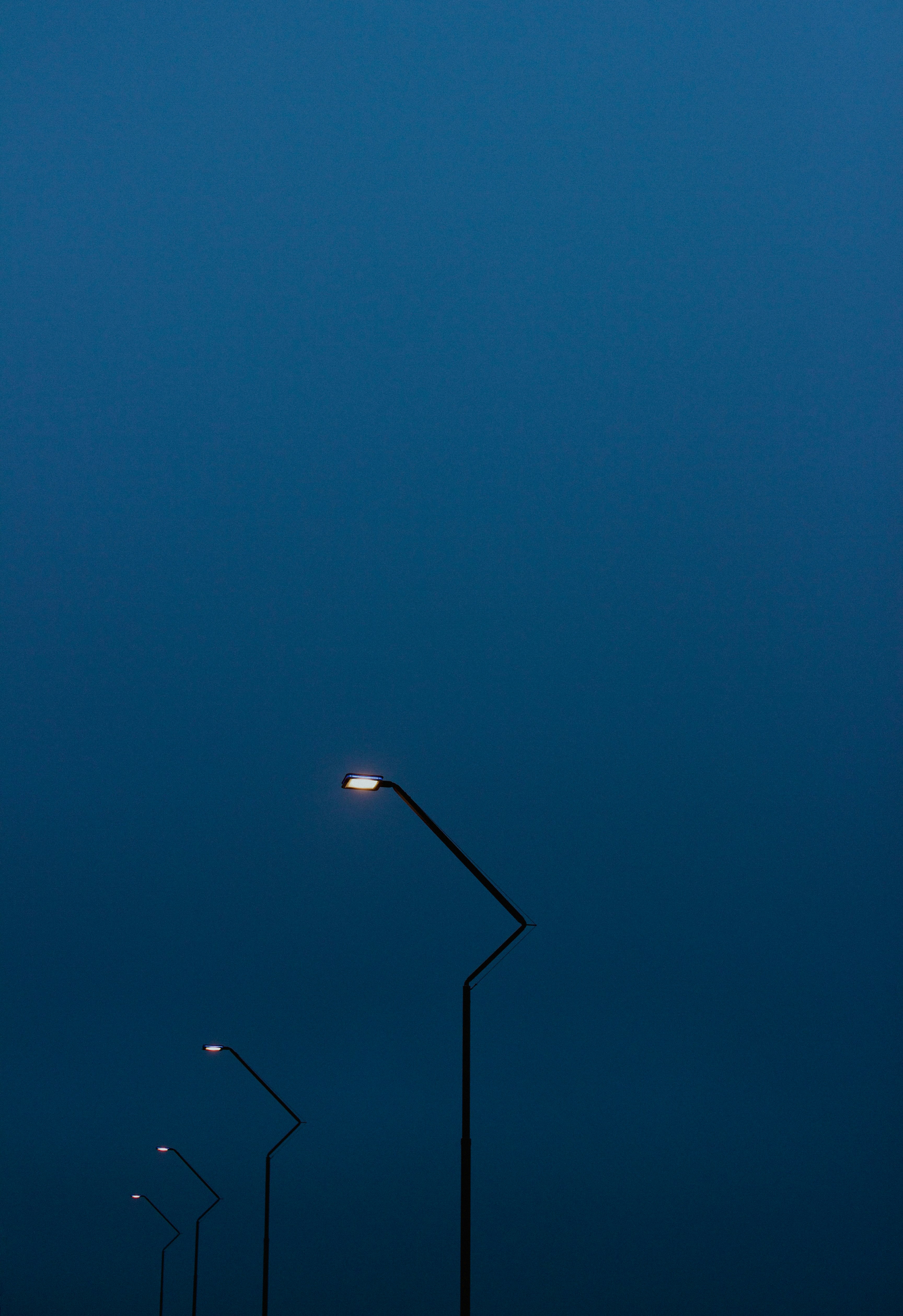 A row of street lights on a dark street