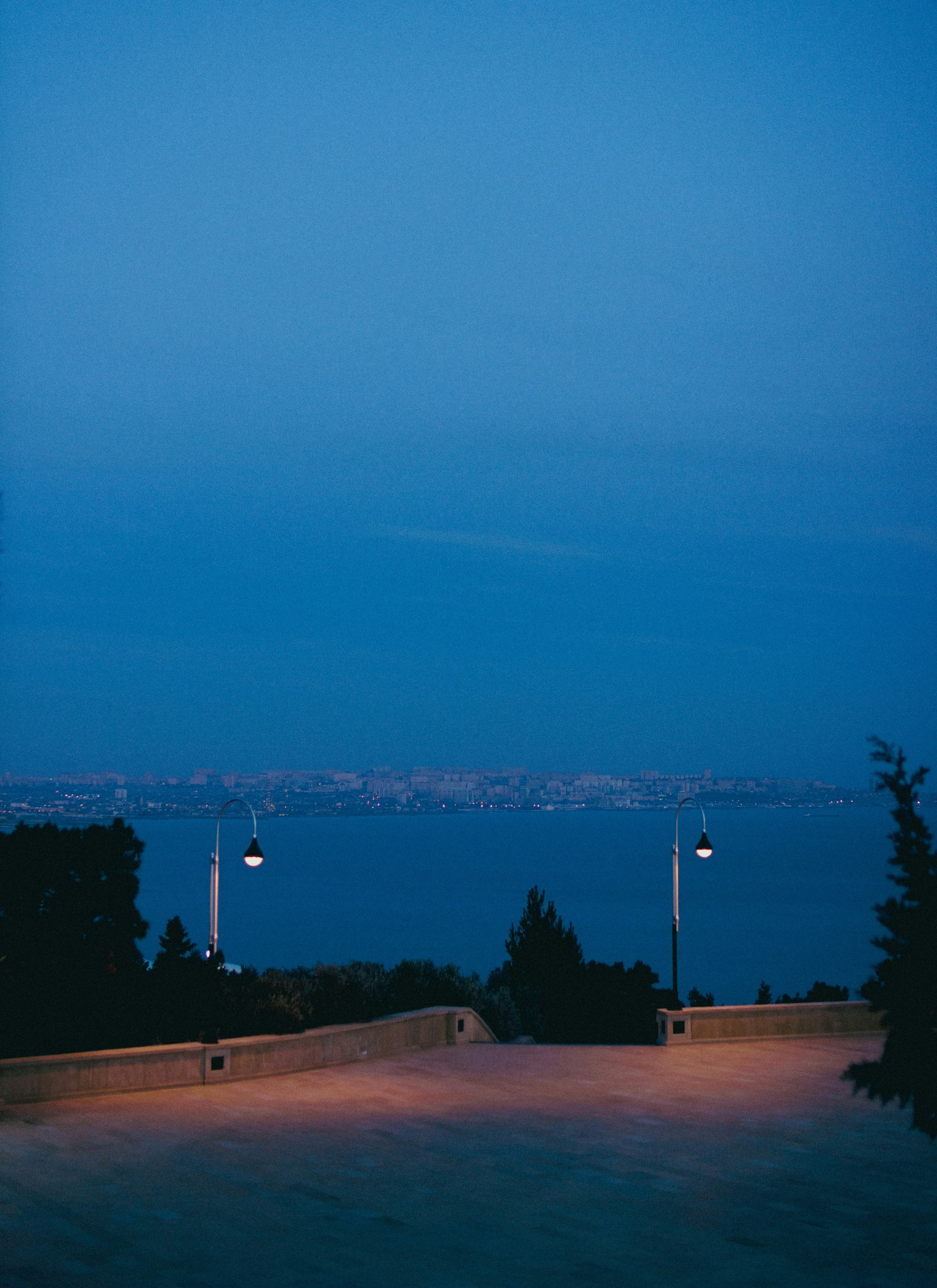 A view of the ocean at night with street lights