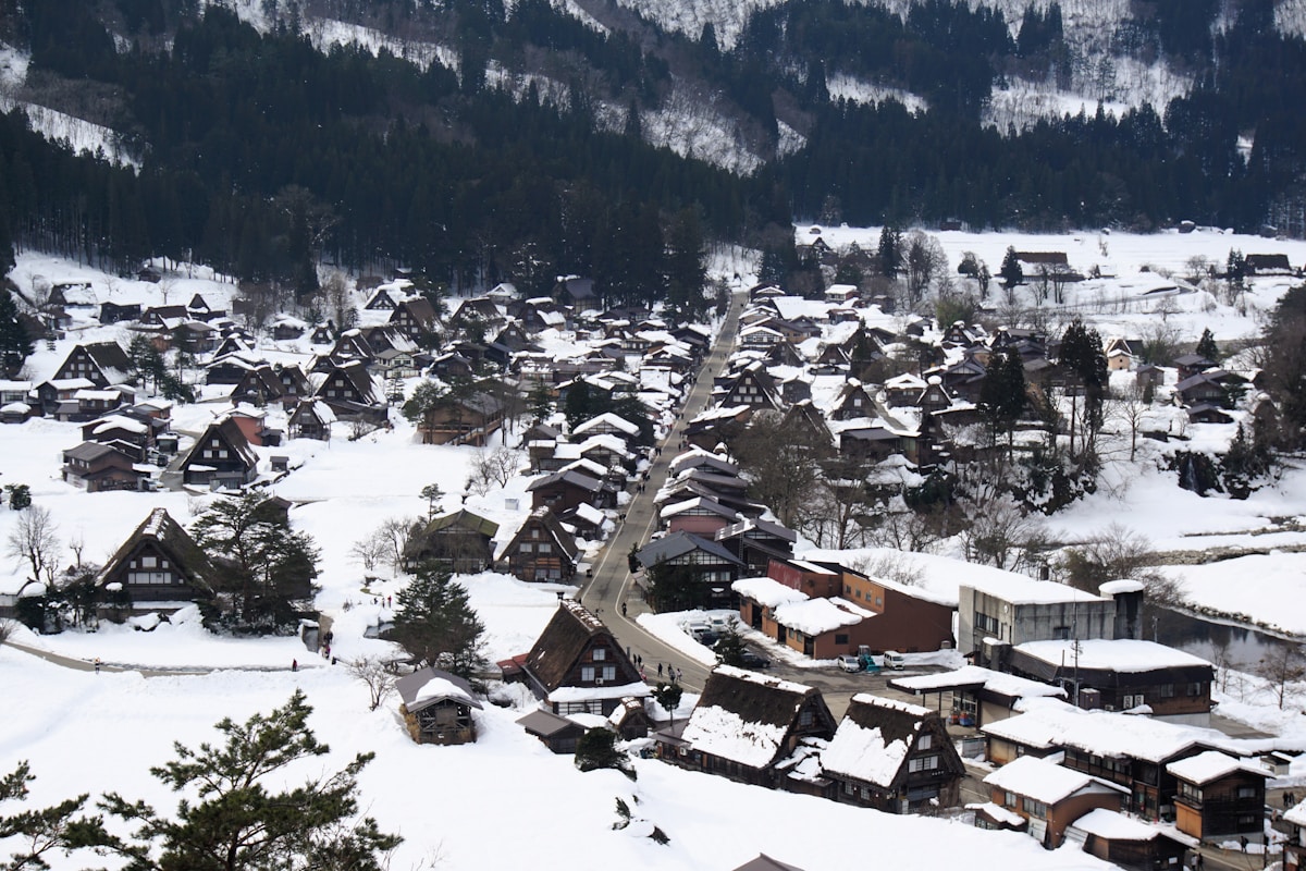A snow-covered Japanese village with forested mountains in the background