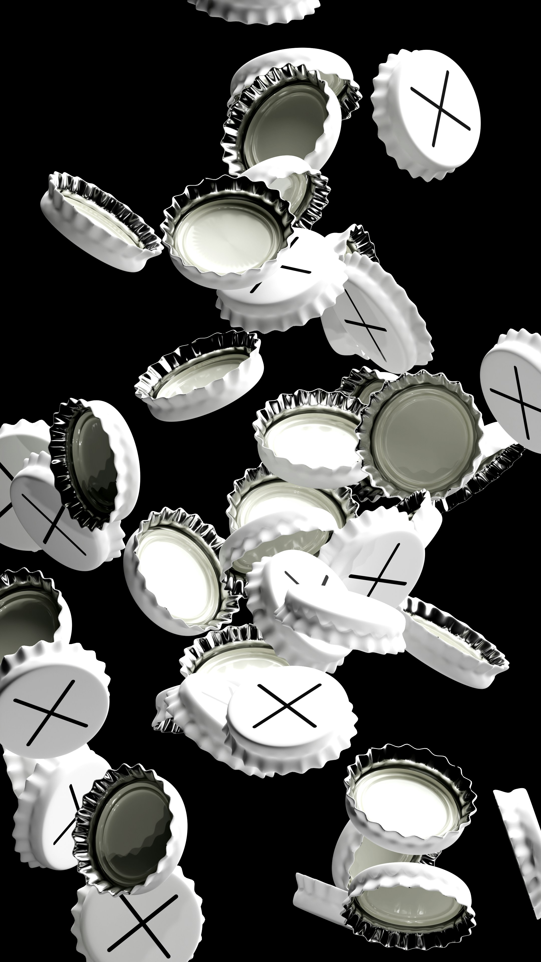 A bunch of bottle caps with crosses on them
