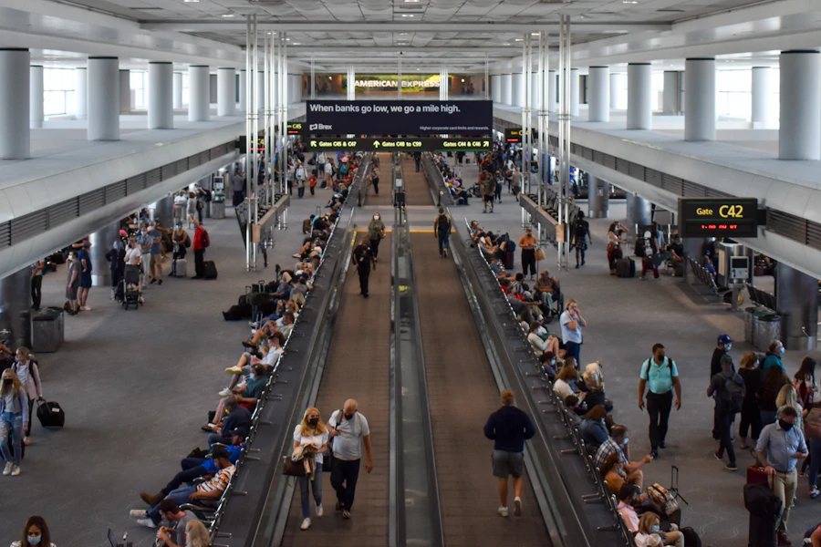 Travelers moving through an airport