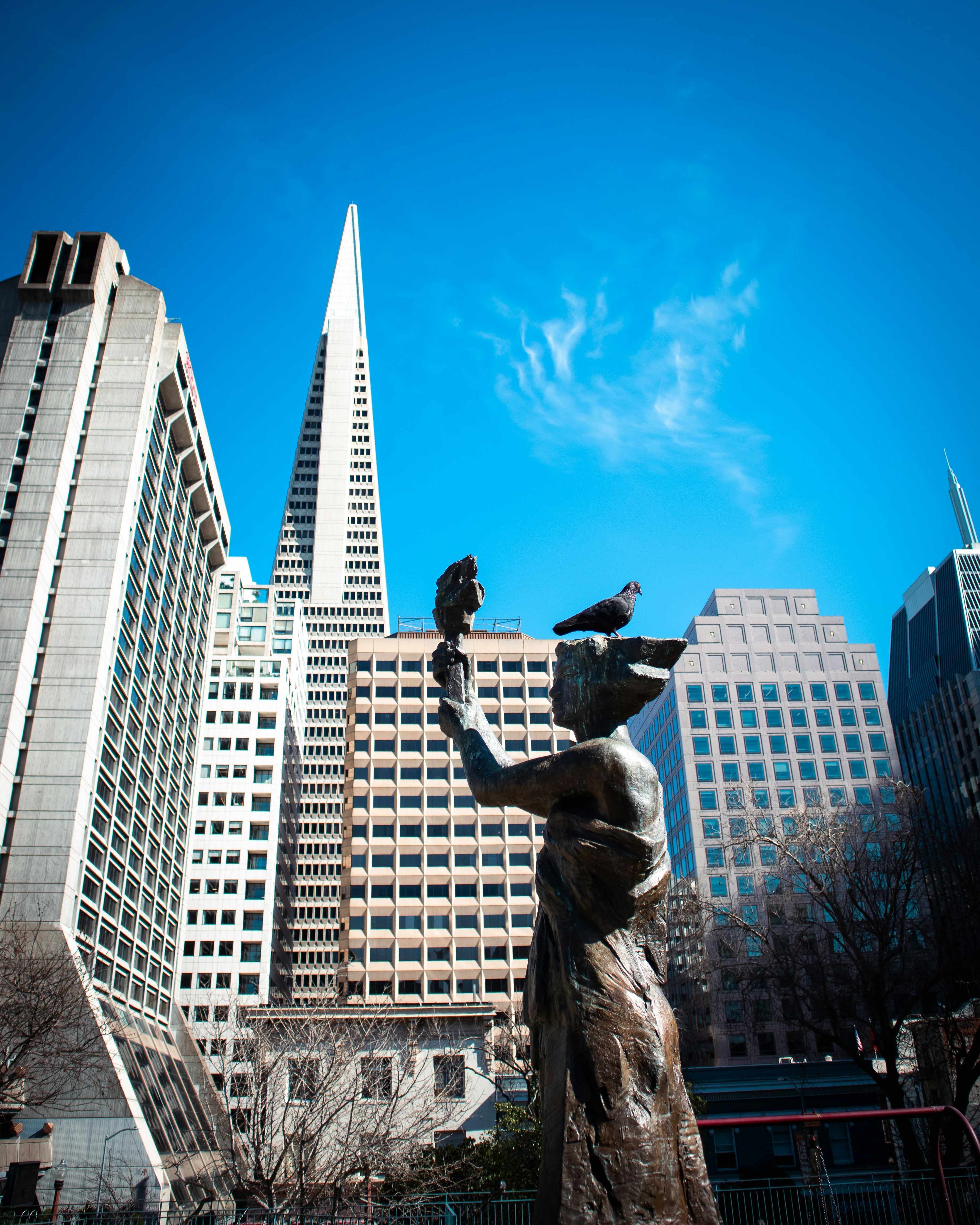 A statue of a woman holding a bird in a city photo – Free ...