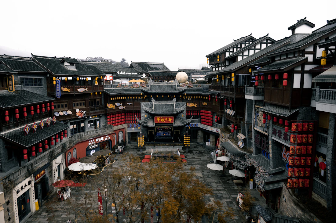A traditional courtyard hung with red lanterns in Ciqikou Ancient Town, Chongqing