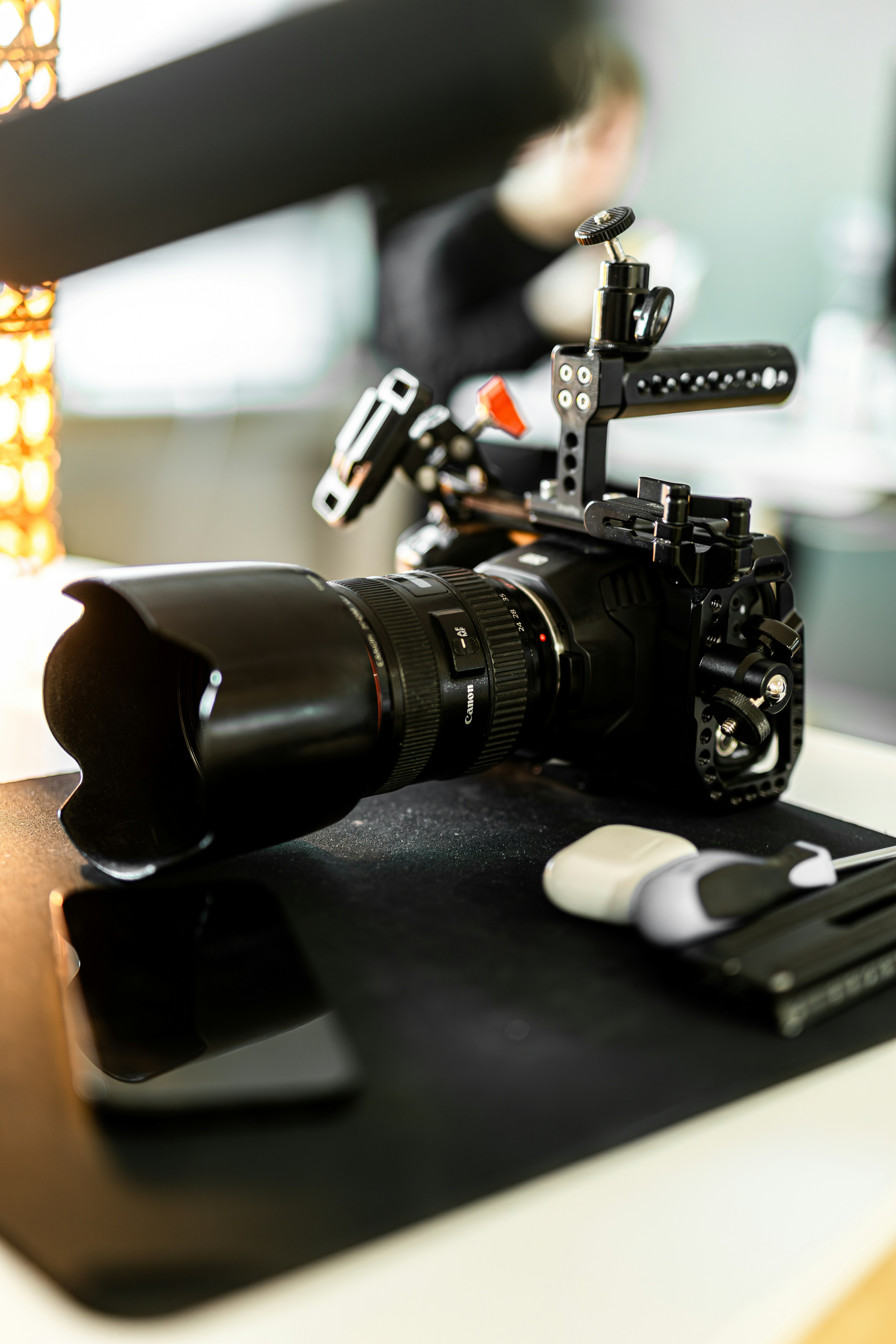 A camera sitting on top of a table
