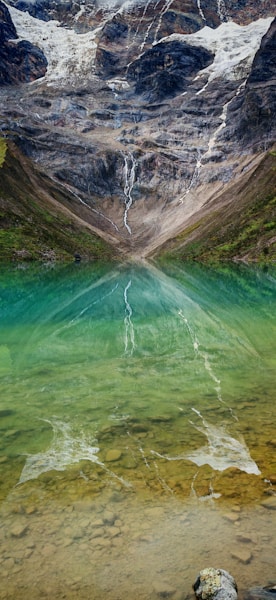 A lake with a mountain in the background