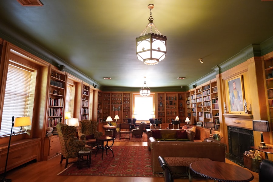 A grand private library with rich wooden bookshelves, leather seating, and warm amber light