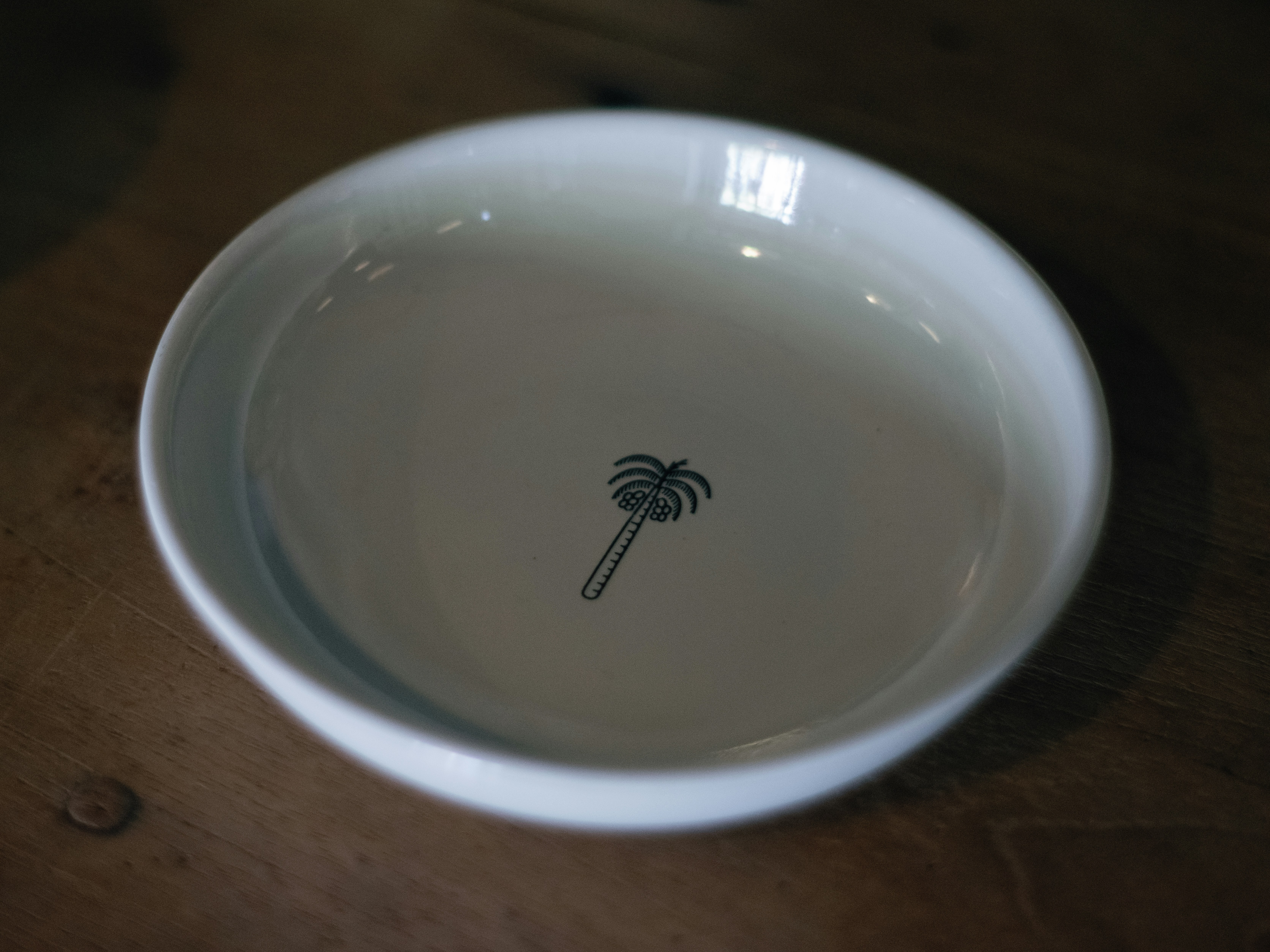 A white bowl with a palm tree drawn on it
