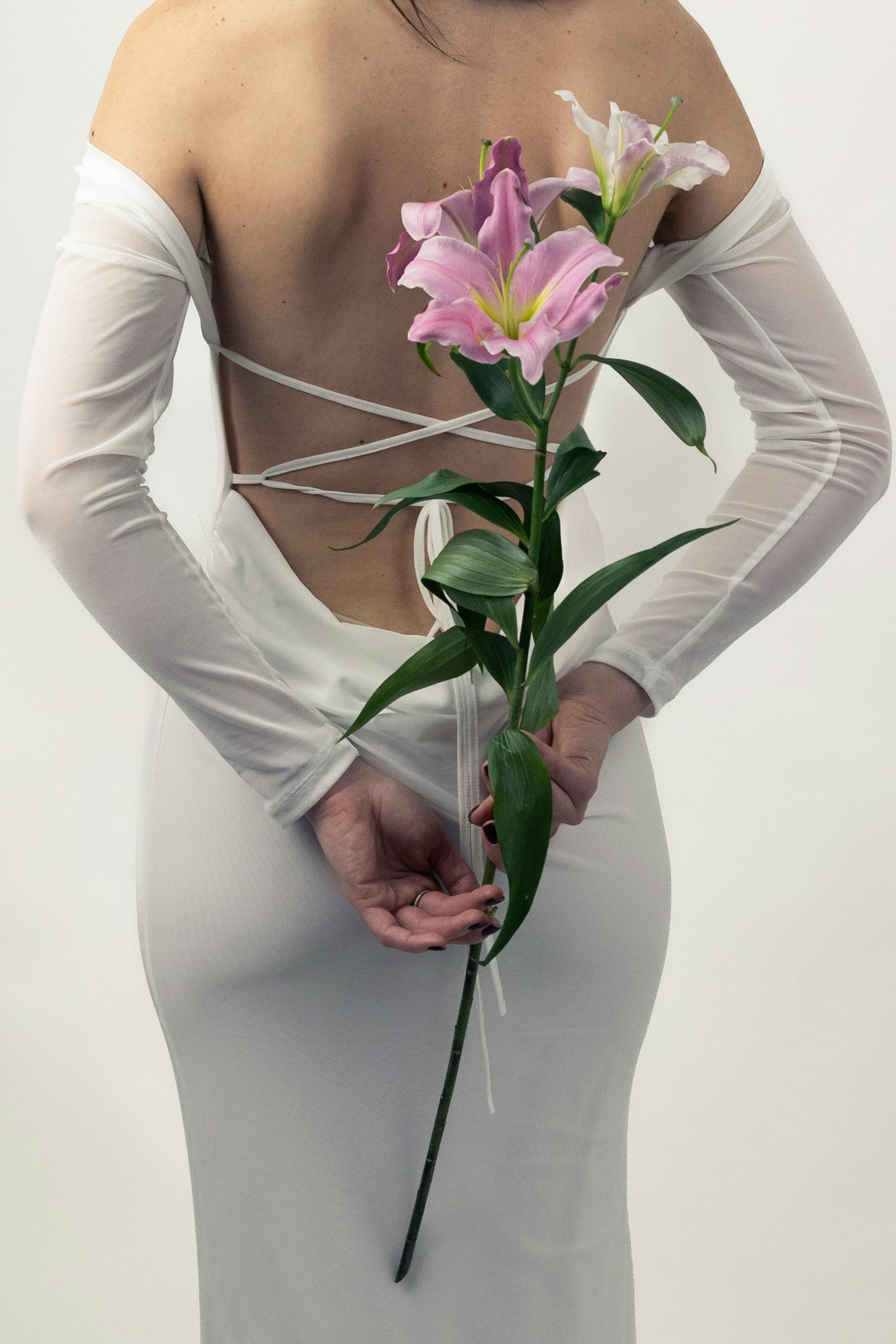 A woman in a white dress holding a pink flower photo – Free Image on ...