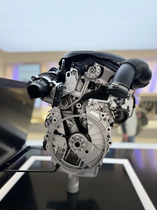 A close up of a motorcycle engine on a table