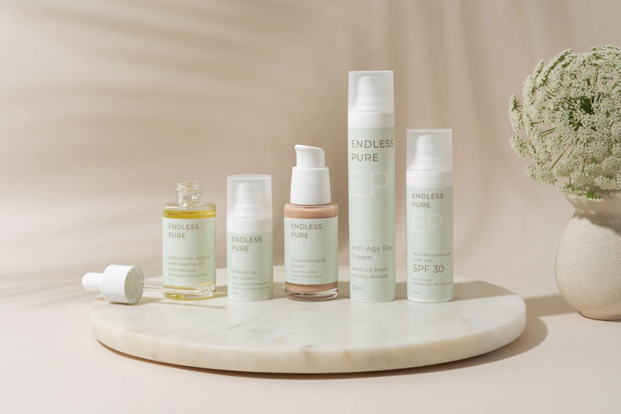 A white vase filled with lots of different types of skin care products