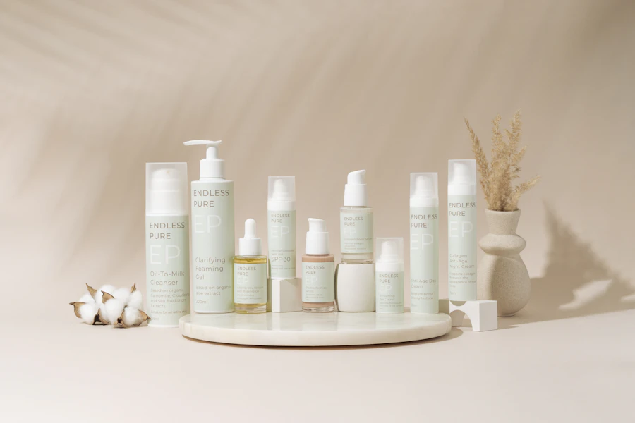 A group of bottles of lotion sitting on top of a table