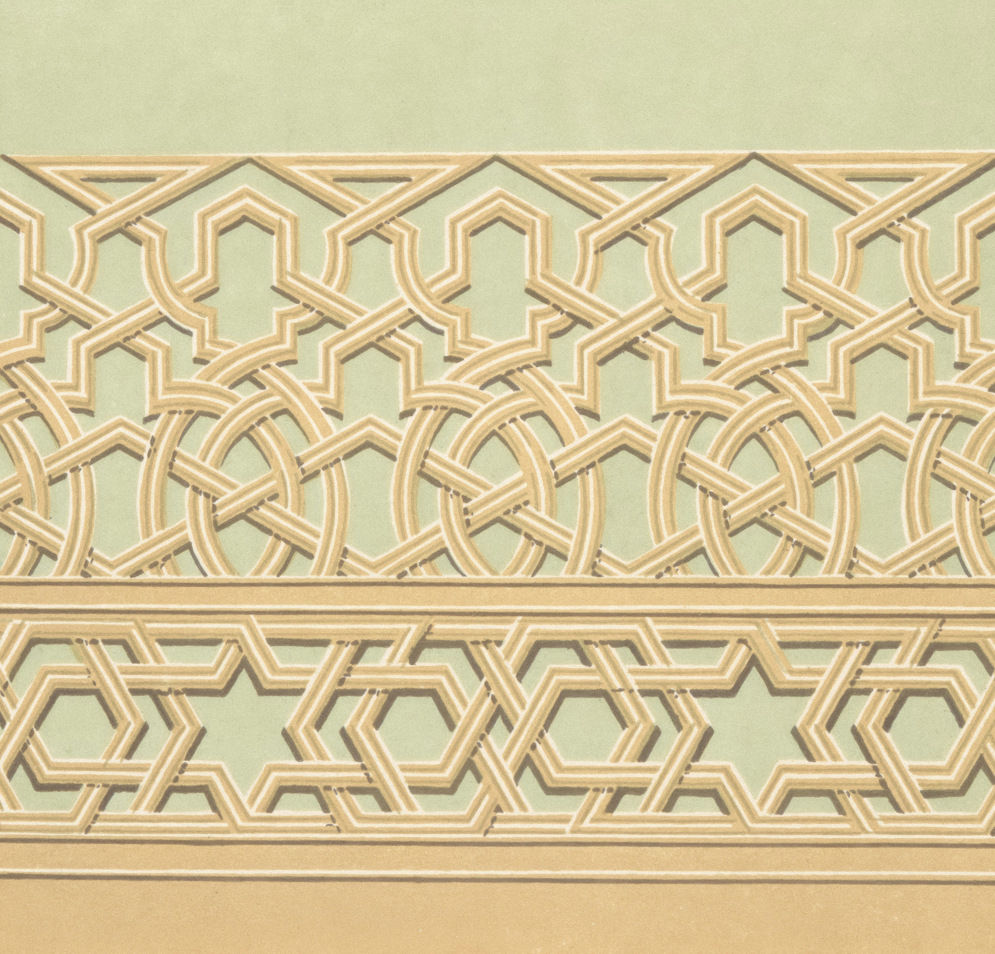 Intricate geometric patterns in beige on a pale green background.