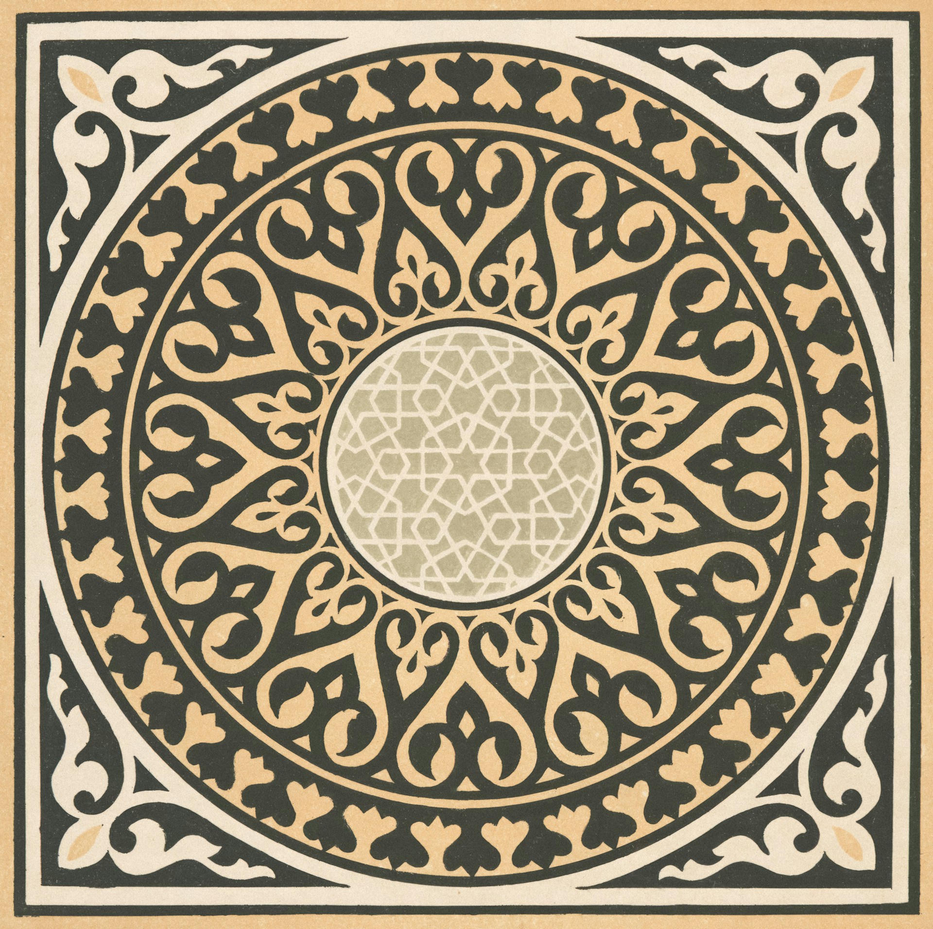 Intricate circular geometric pattern with beige and black details.