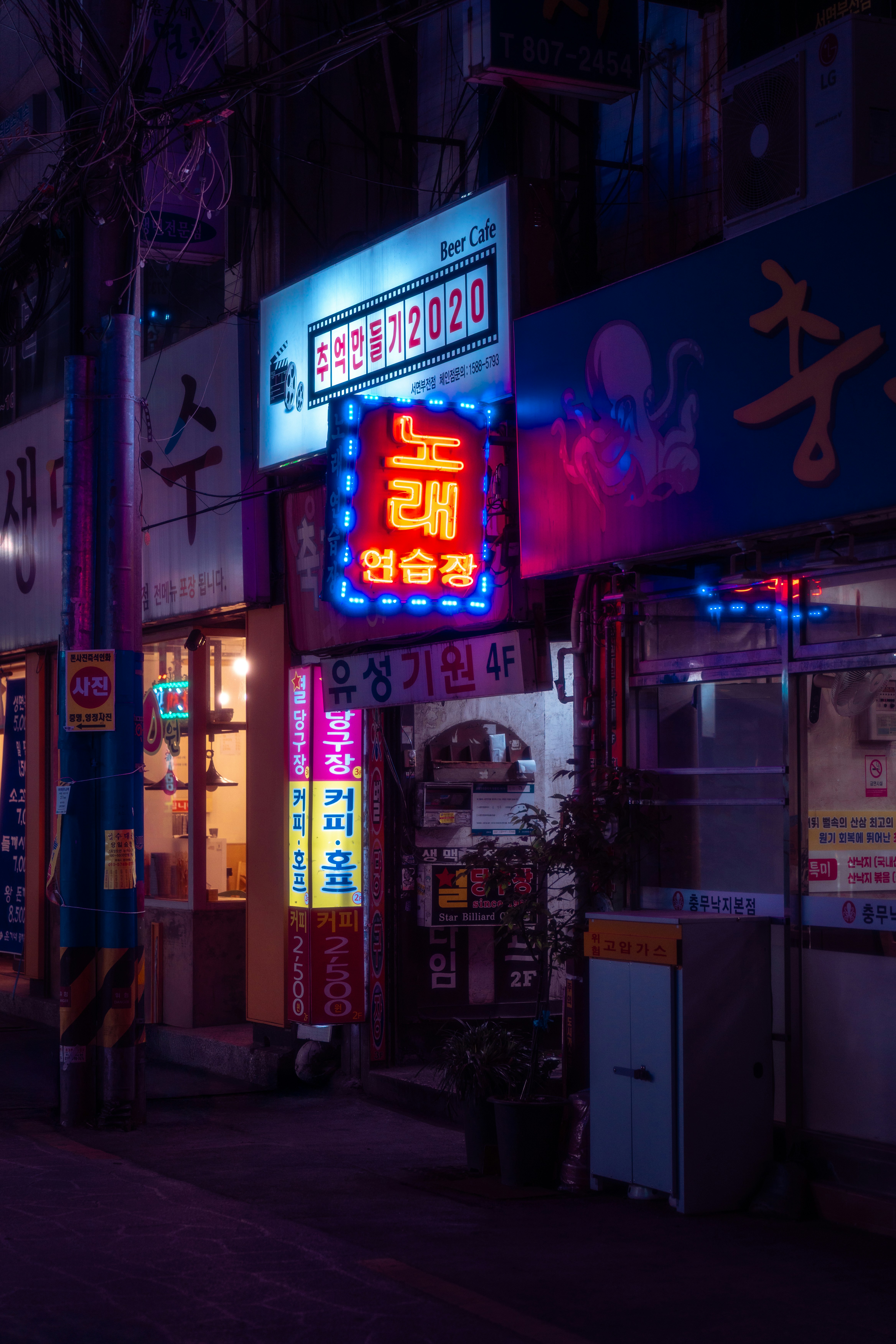 A city street at night with neon signs