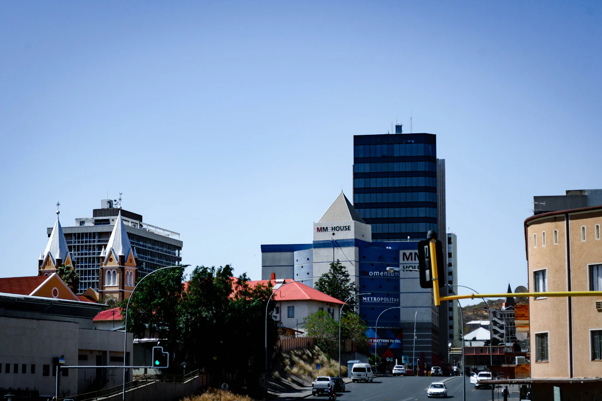 Central Windhoek's streets and modern buildings beneath a clear blue sky