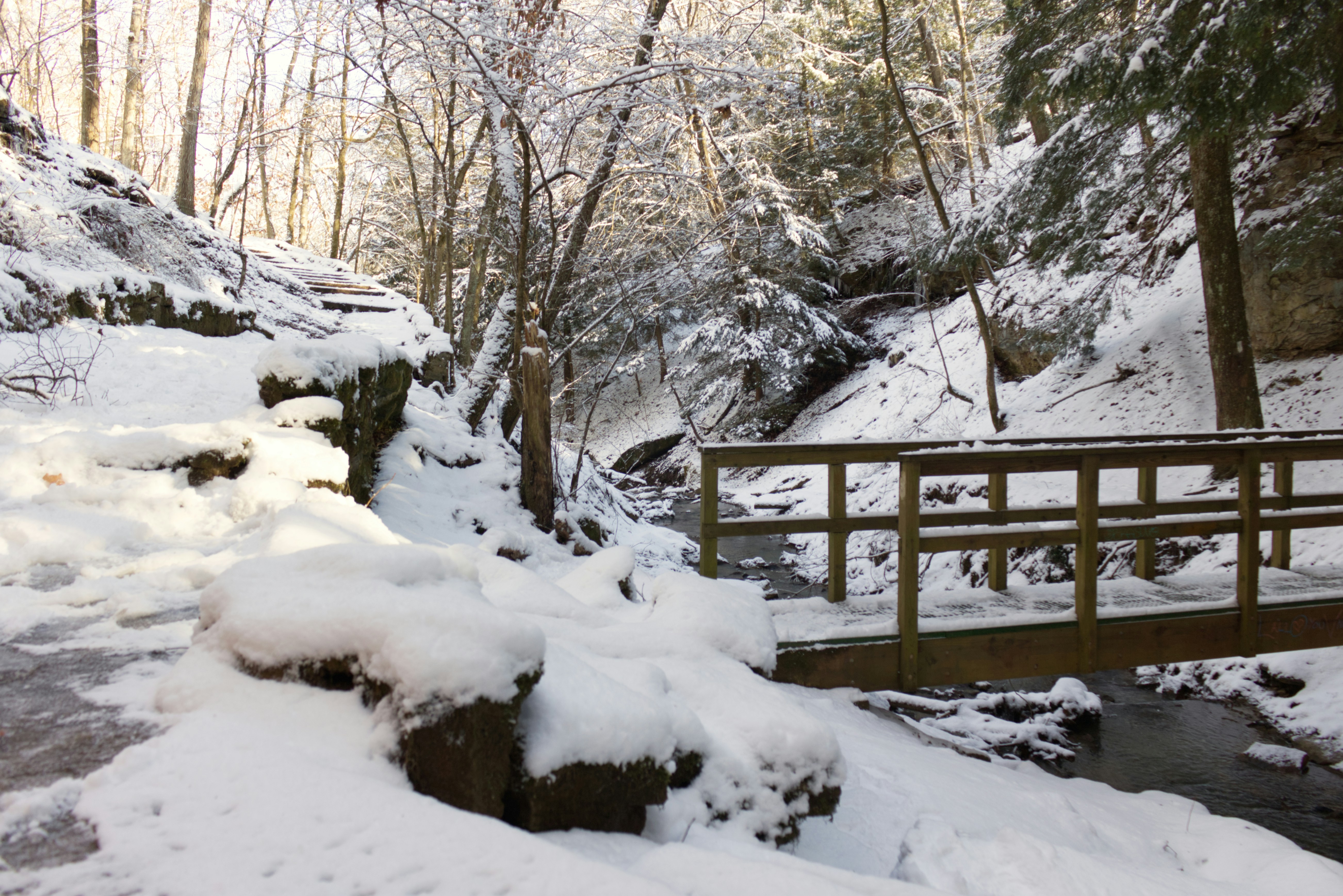 Snowy winter in Scranton, PA with bridge over frozen creek