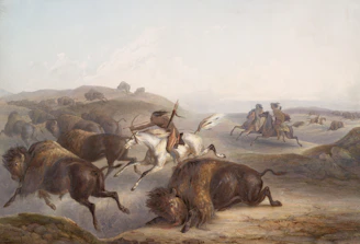 Native american hunter on horseback chases bison across plains.