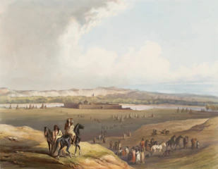 People on horses observe a settlement by a river.