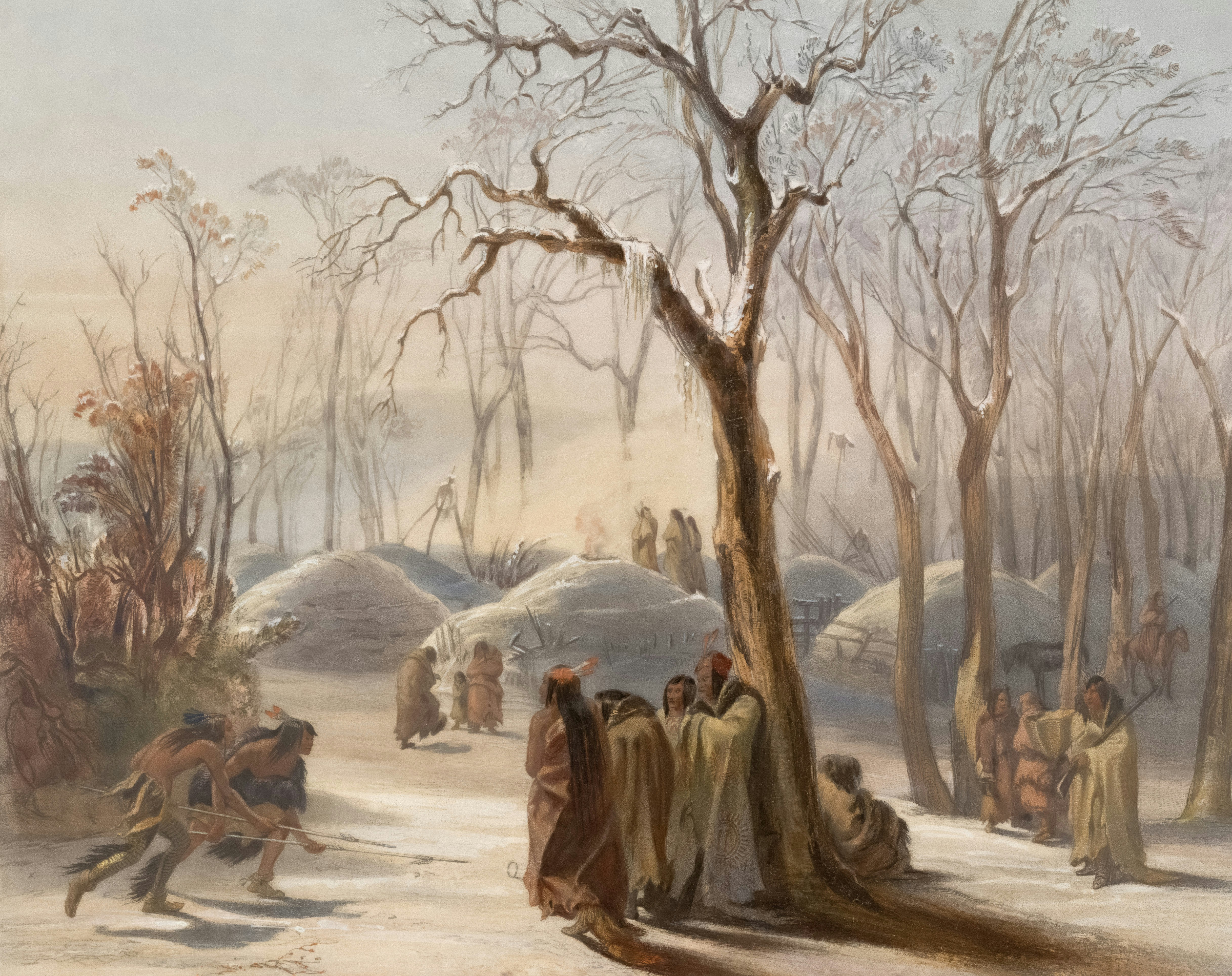 Indigenous people in a snowy village with smoke rising.