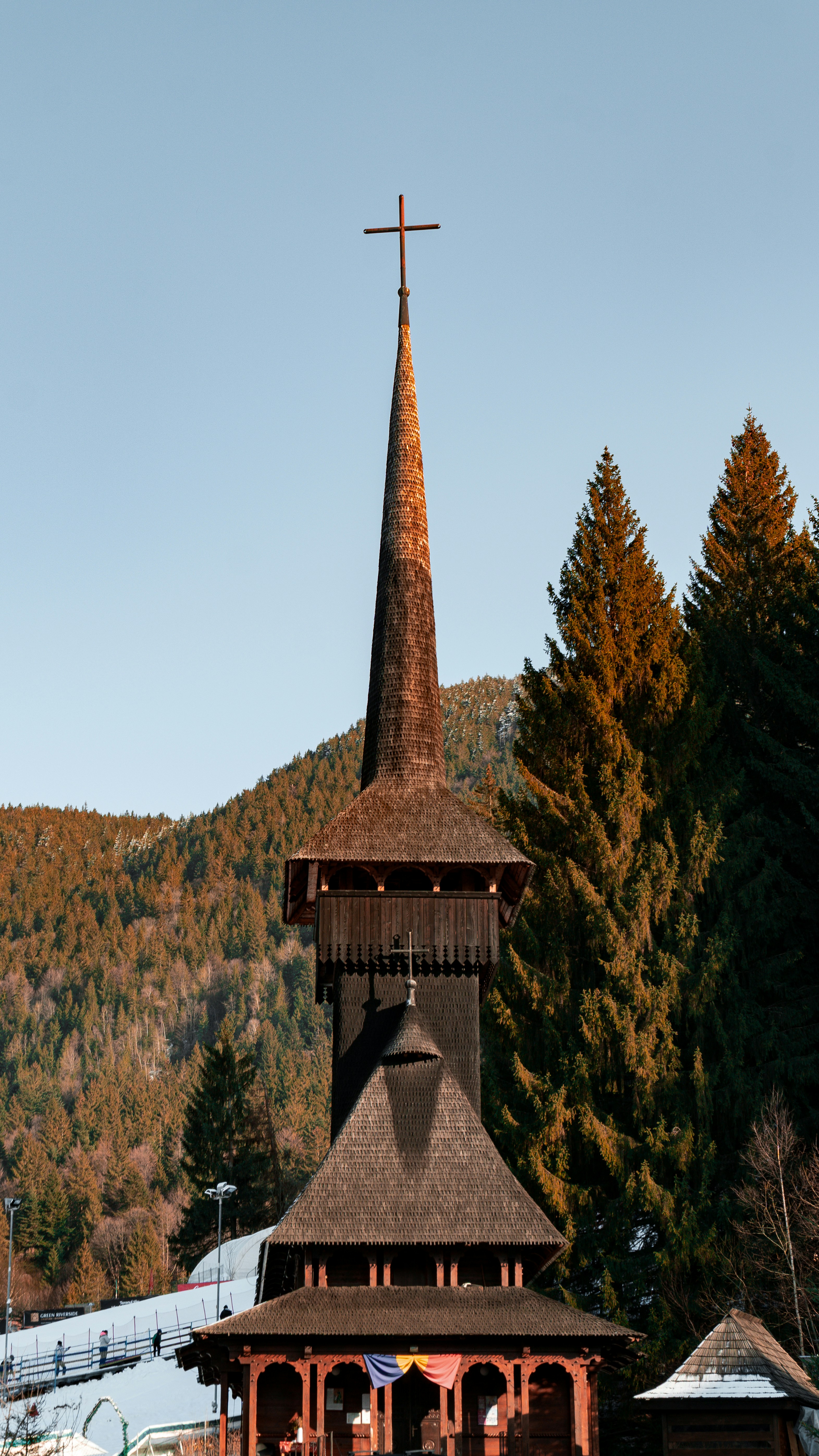A church with a steeple and a clock tower