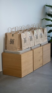 A display of bags with numbers on them