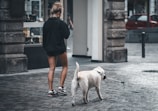 A woman walking a dog on a leash down a street