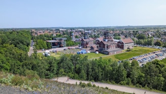 An aerial view of a city with lots of trees