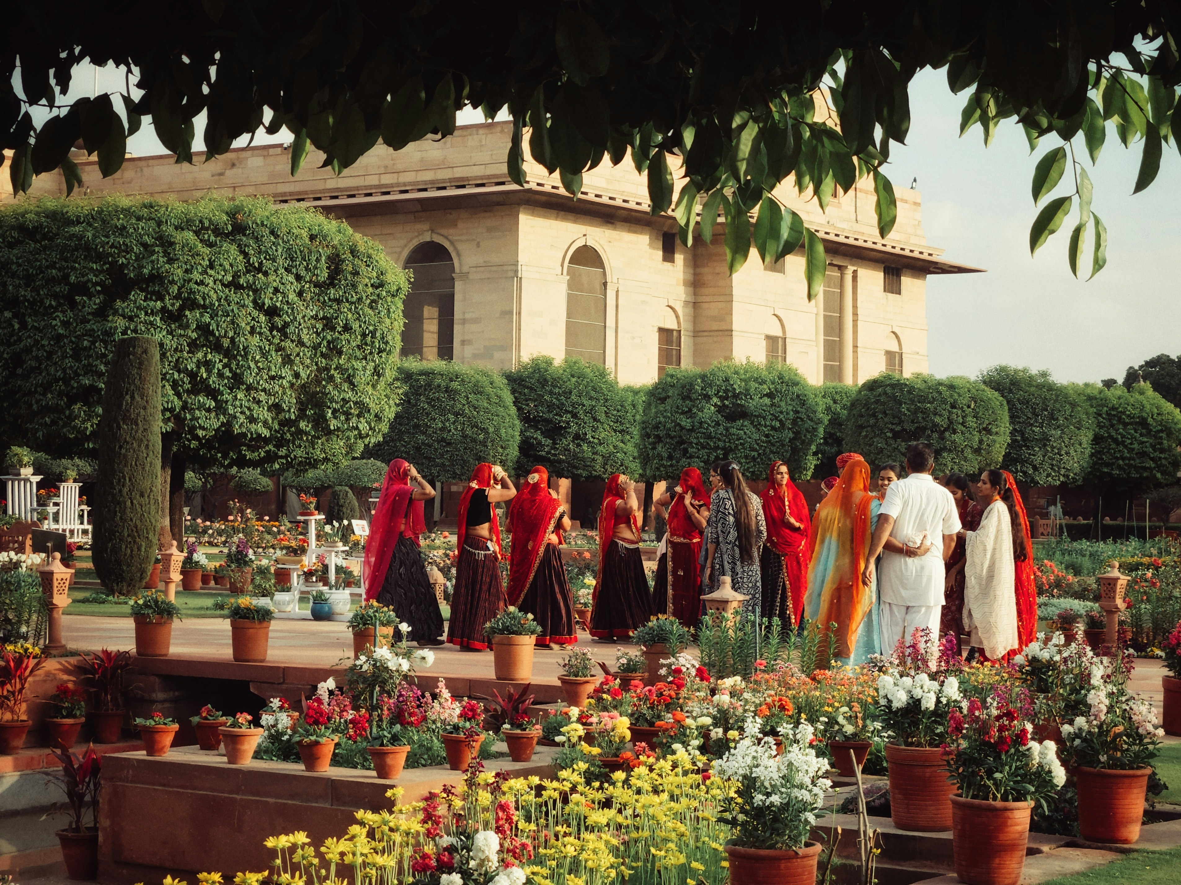 A group of people standing around a garden photo – Free Flower Image on ...
