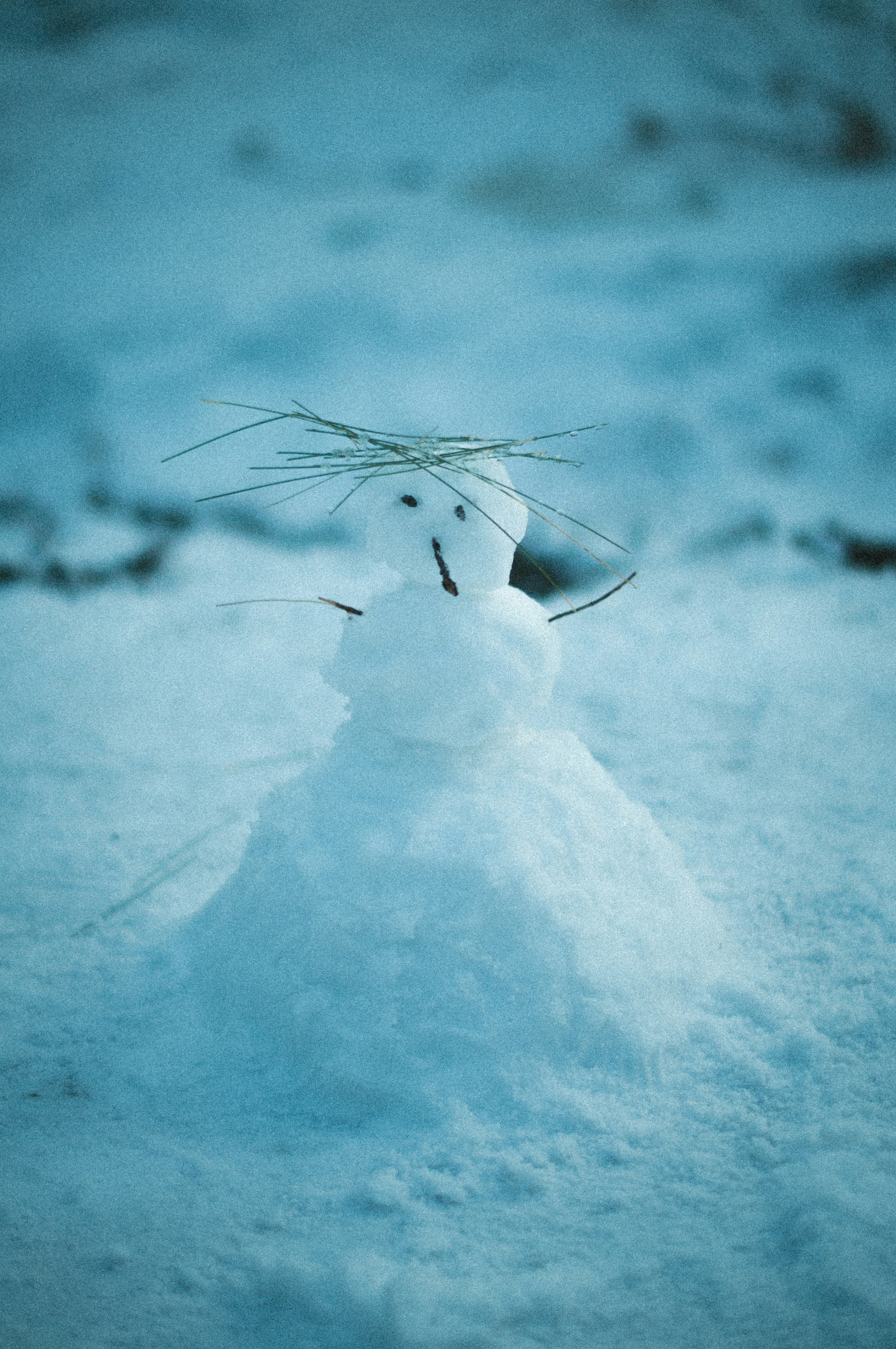 A snow man is standing in the snow